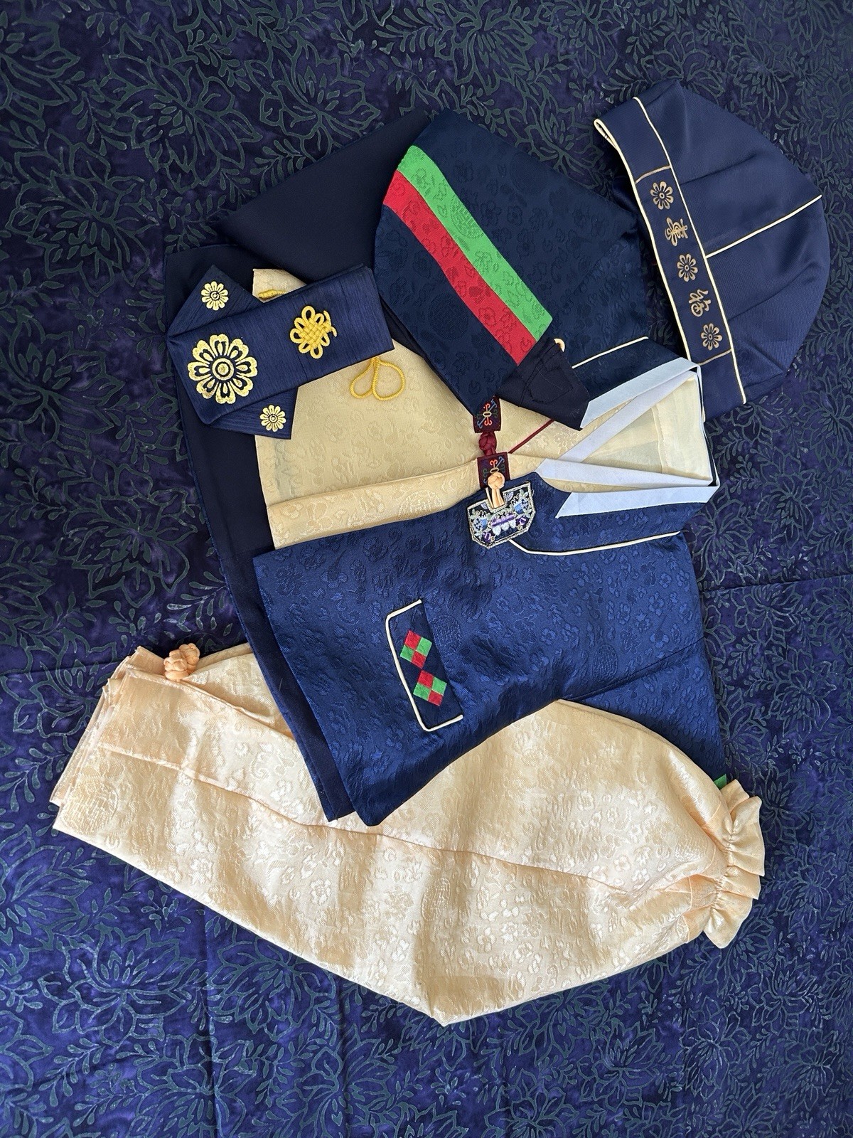 Korean Hanbok Traditional 1 Year Birthday Costume Yellow and Navy 5-piece Set