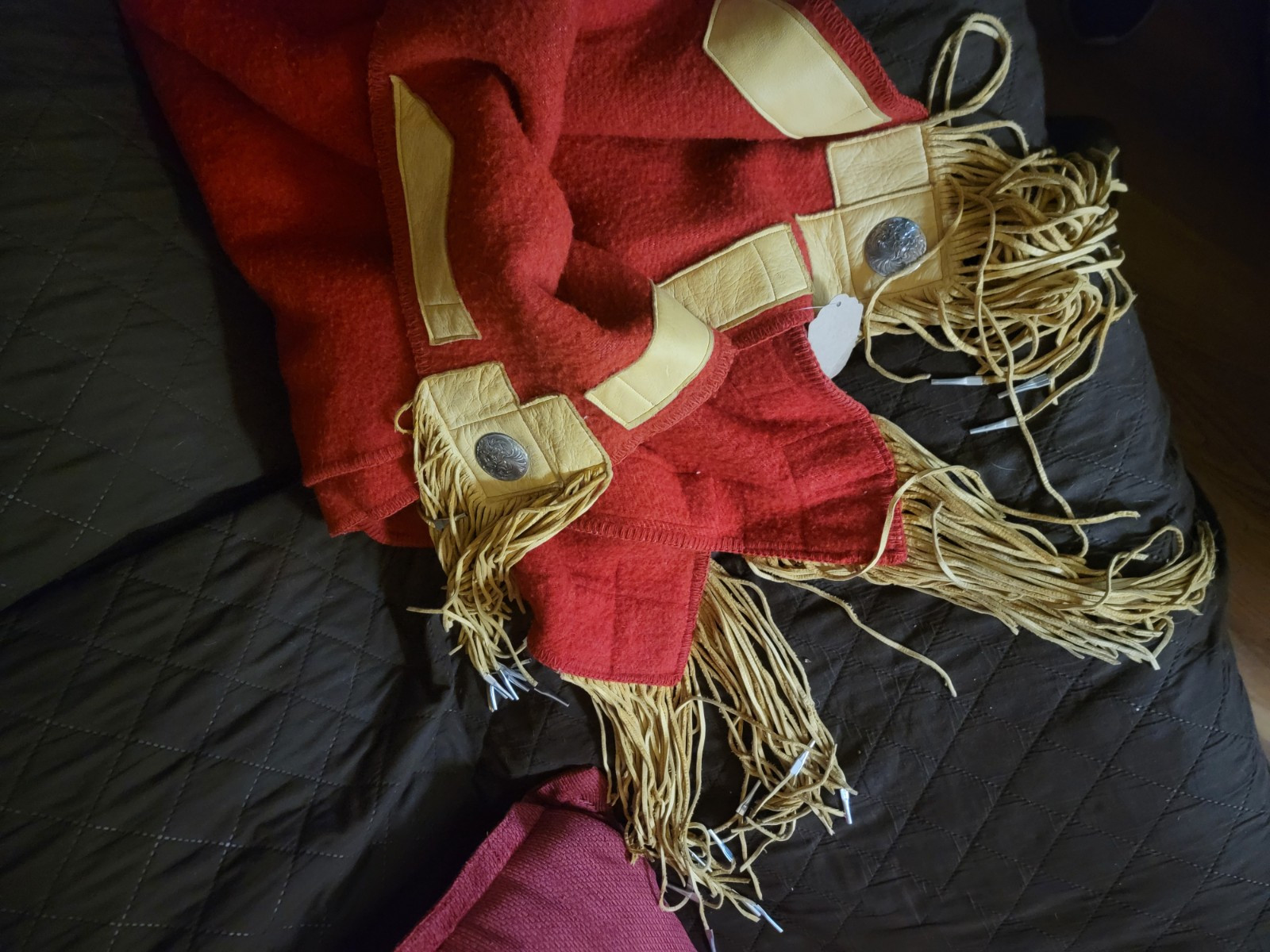 100% Red Wool Blanket Robe With Leather Trim & Concho