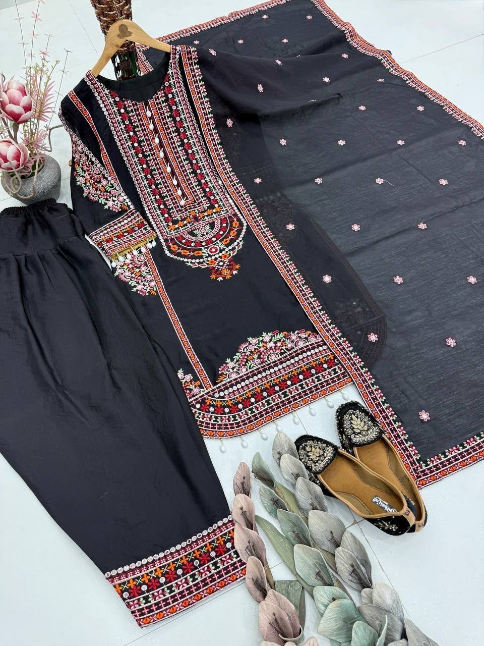 Designer Heavy Mal Chanderi Embroidered Palazzo Suit Set Mirror Work Women