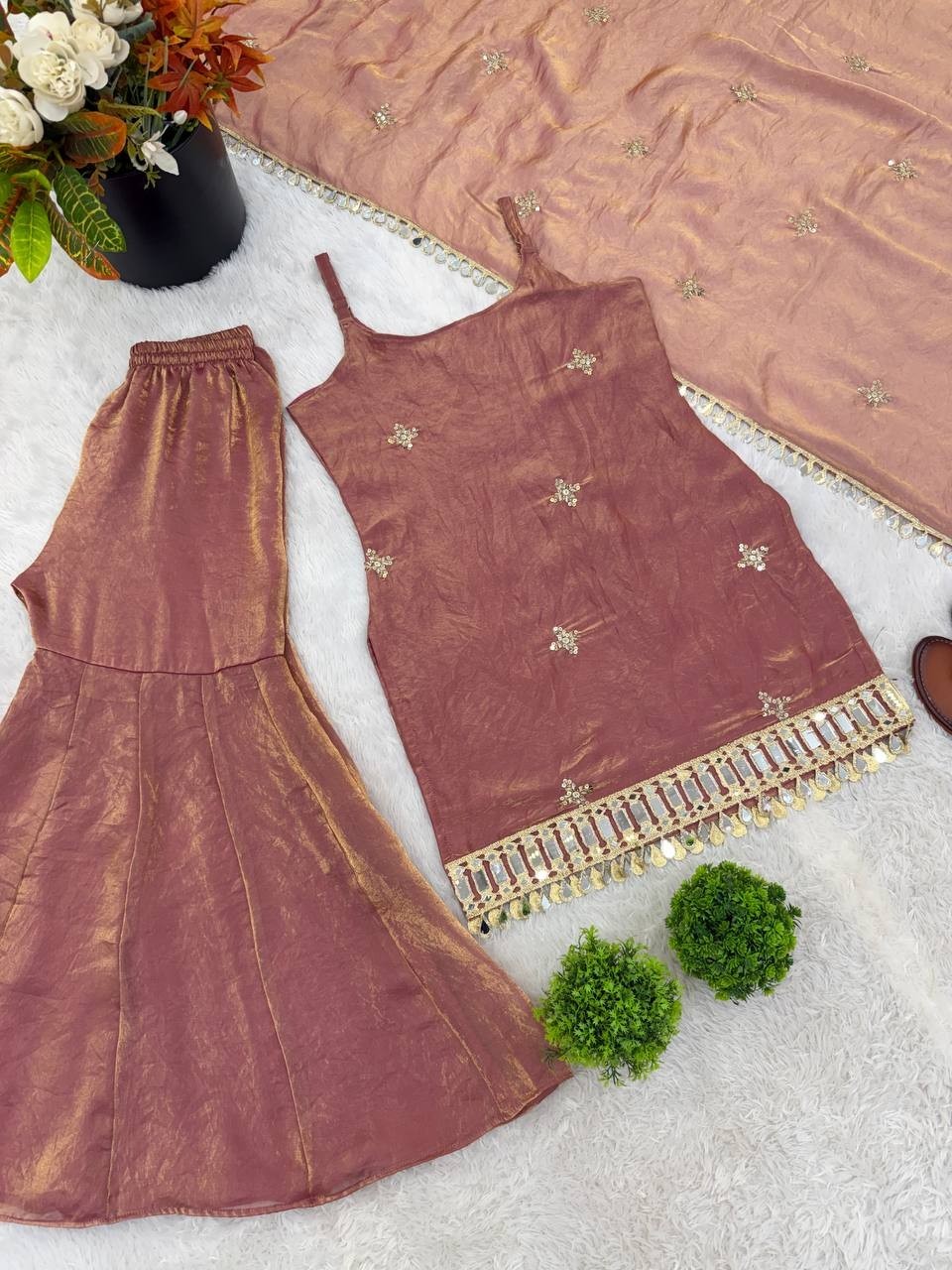 New Presenting Heavy Silk Dusty Pink Top Palazzo With Dupatta For Festival Wear
