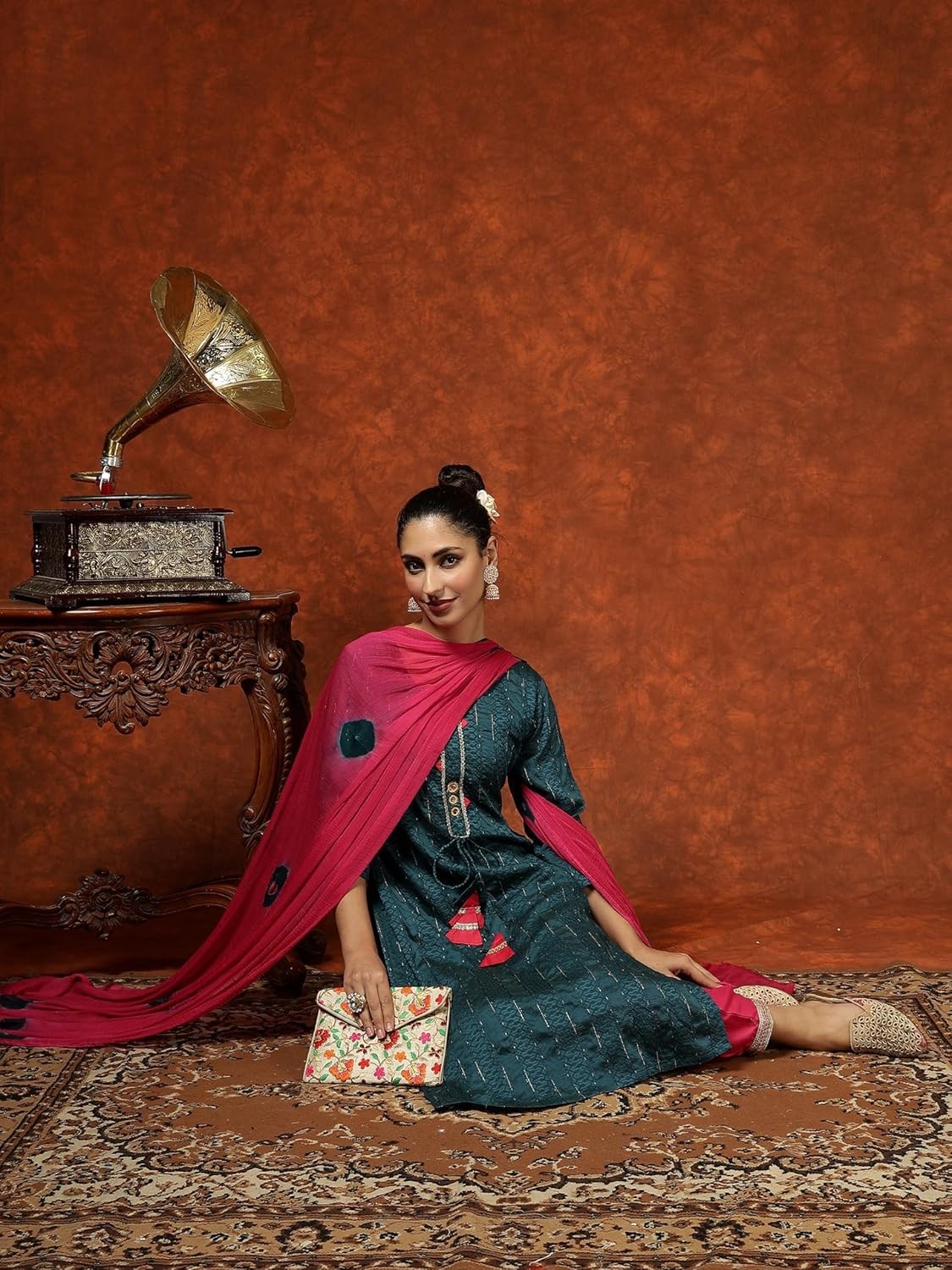 Women’s Chanderi Silk Woven Zari Mirror Work Stright Kurta Pant with Dupatta Set