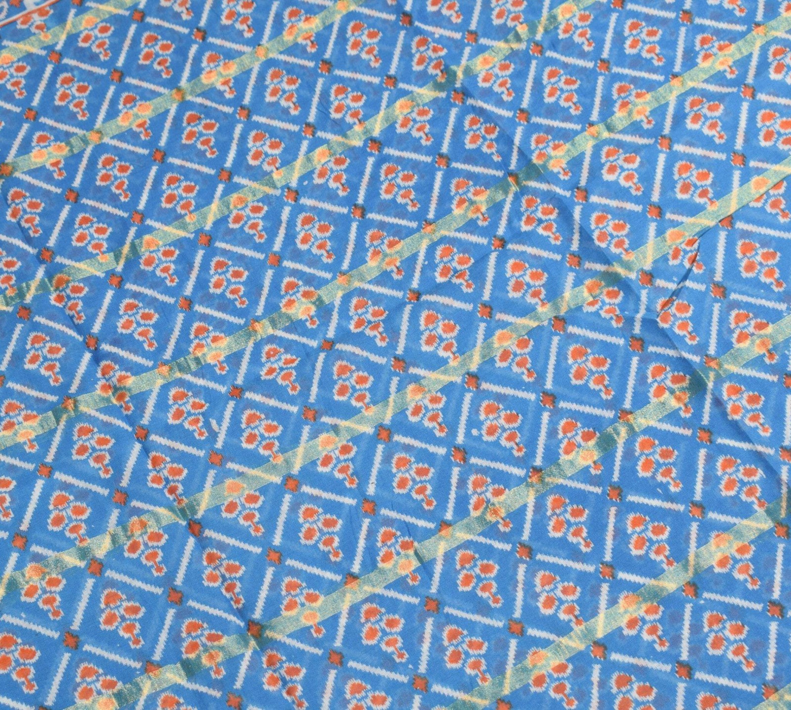 Sushila Vintage Ikat Print Saree Turquoise Blue Pure Cotton Soft Craft Fabric