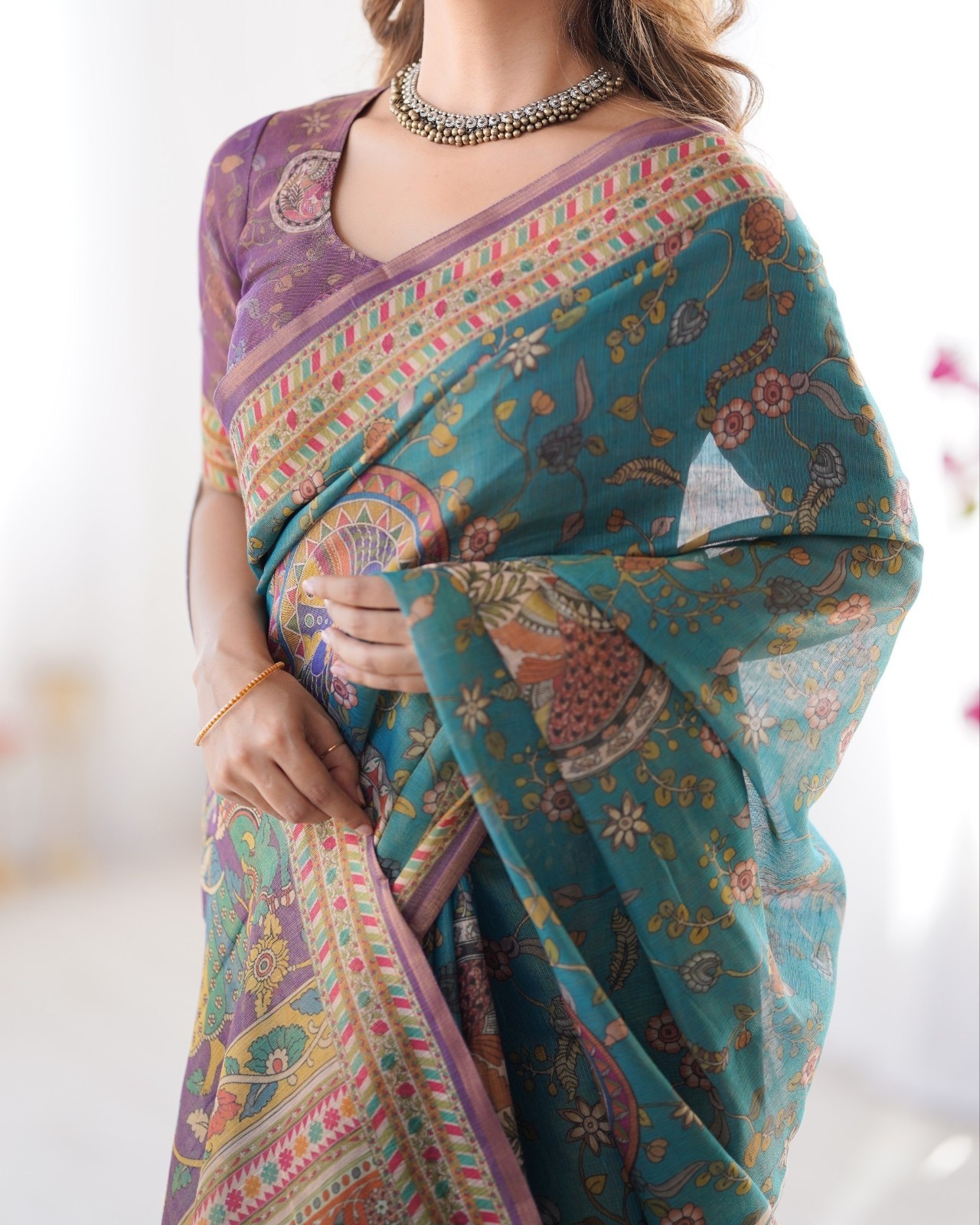 Women’s Linen Tissue Silk Saree Teal Purple Kalamkari Digital Print with Blouse