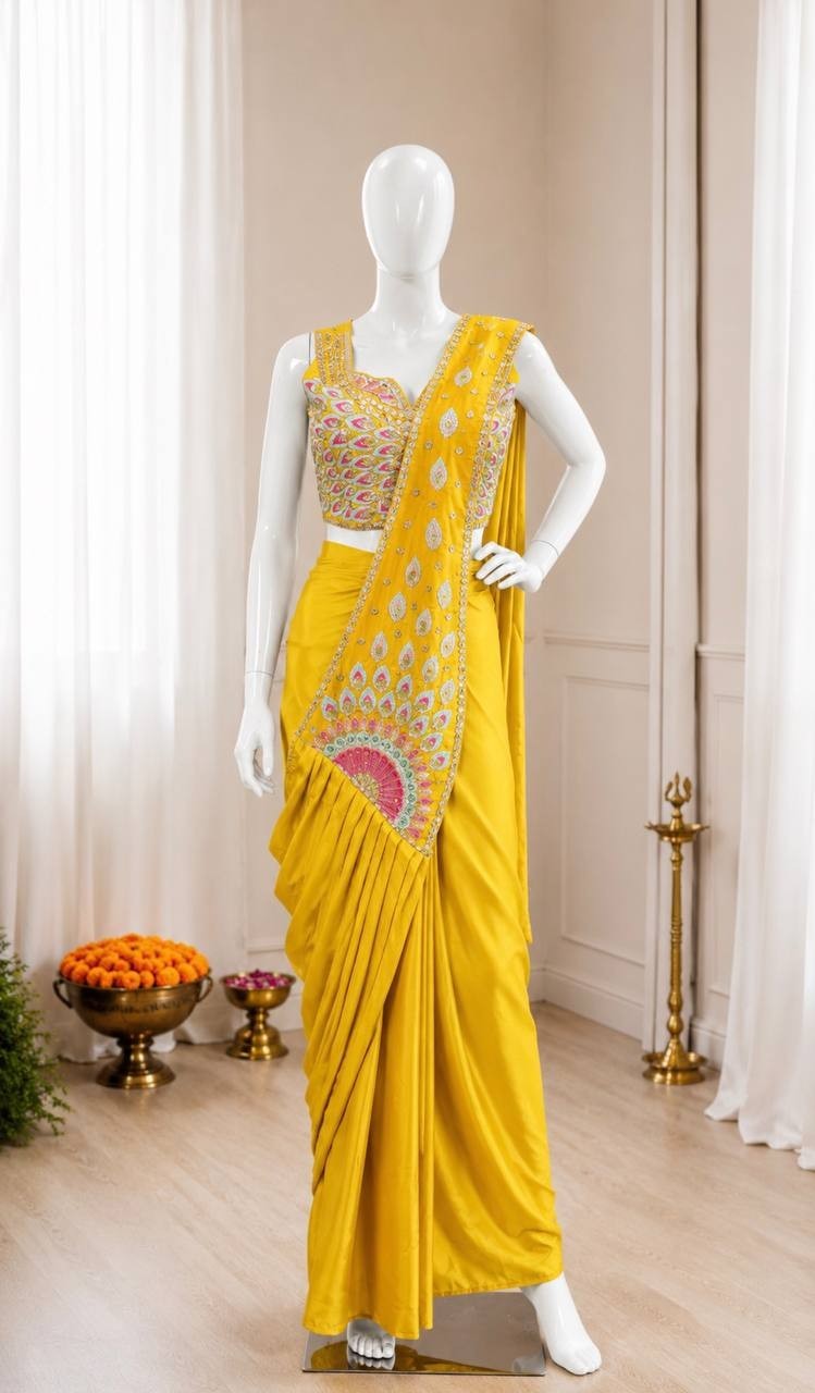 Designer Haldi Ceremony Saree Sequins Embroidery Ready to Wear Sari