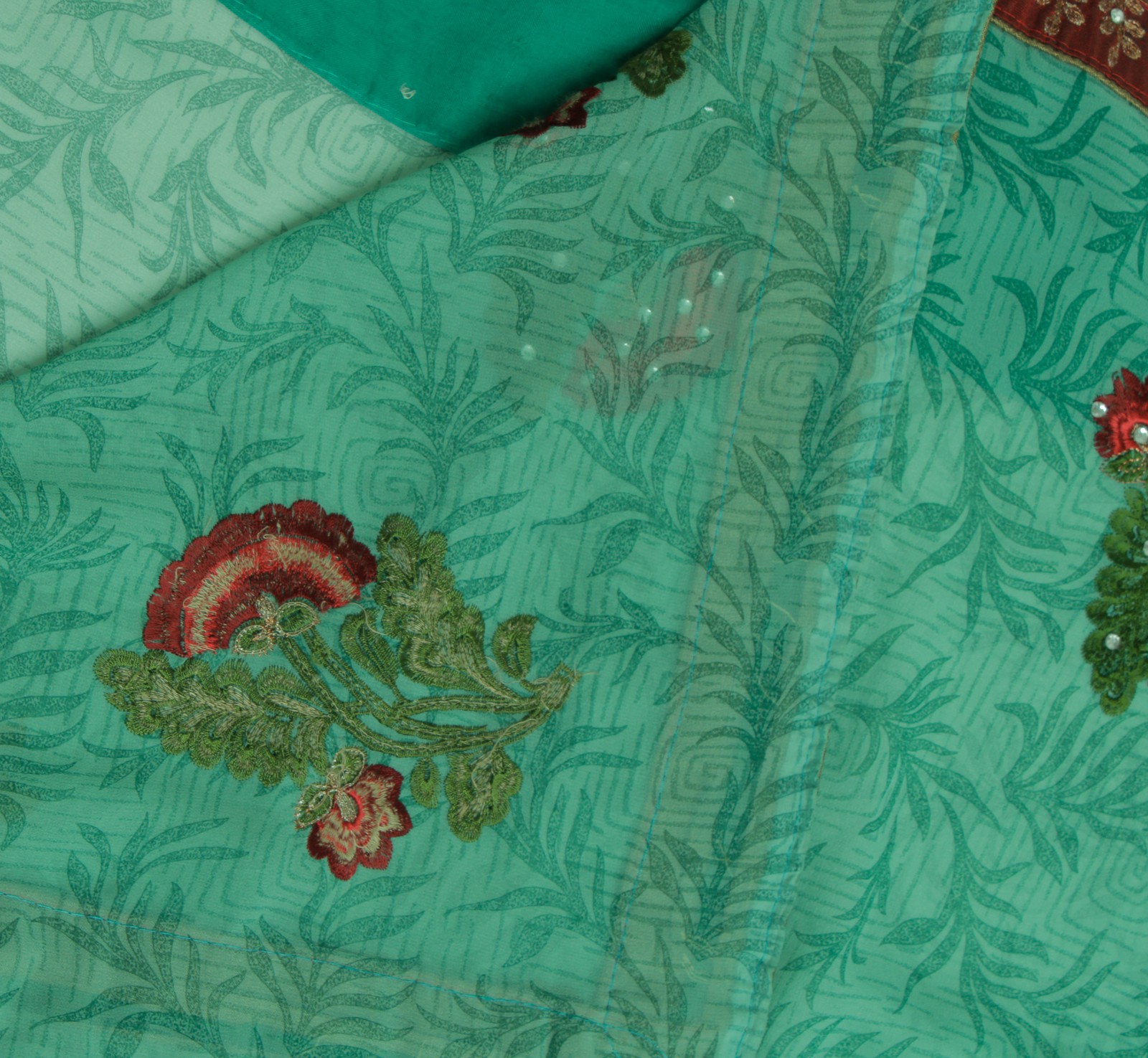 Sushila Vintage Green Saree Blend Georgette Silk Printed & Embroidered Fabric