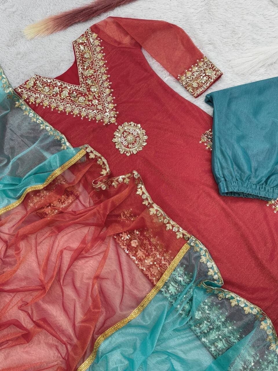 Indian Designer Red Twill Net Silk Kurta Palazzo With Dupatta For Reception