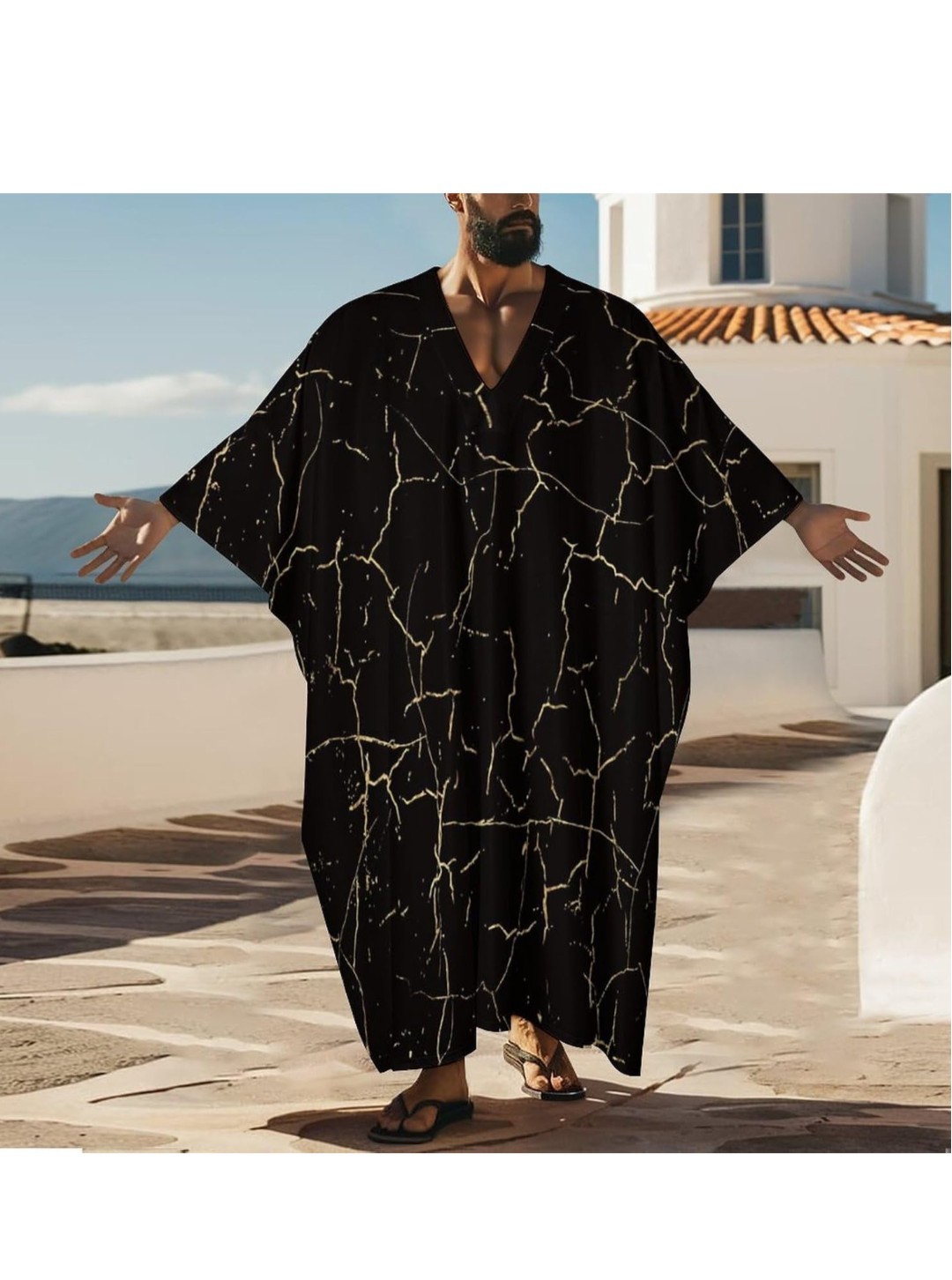 Hegropy 4XL Black Marble Pattern Men’s V-neck Robe Middle East Arabian Robe