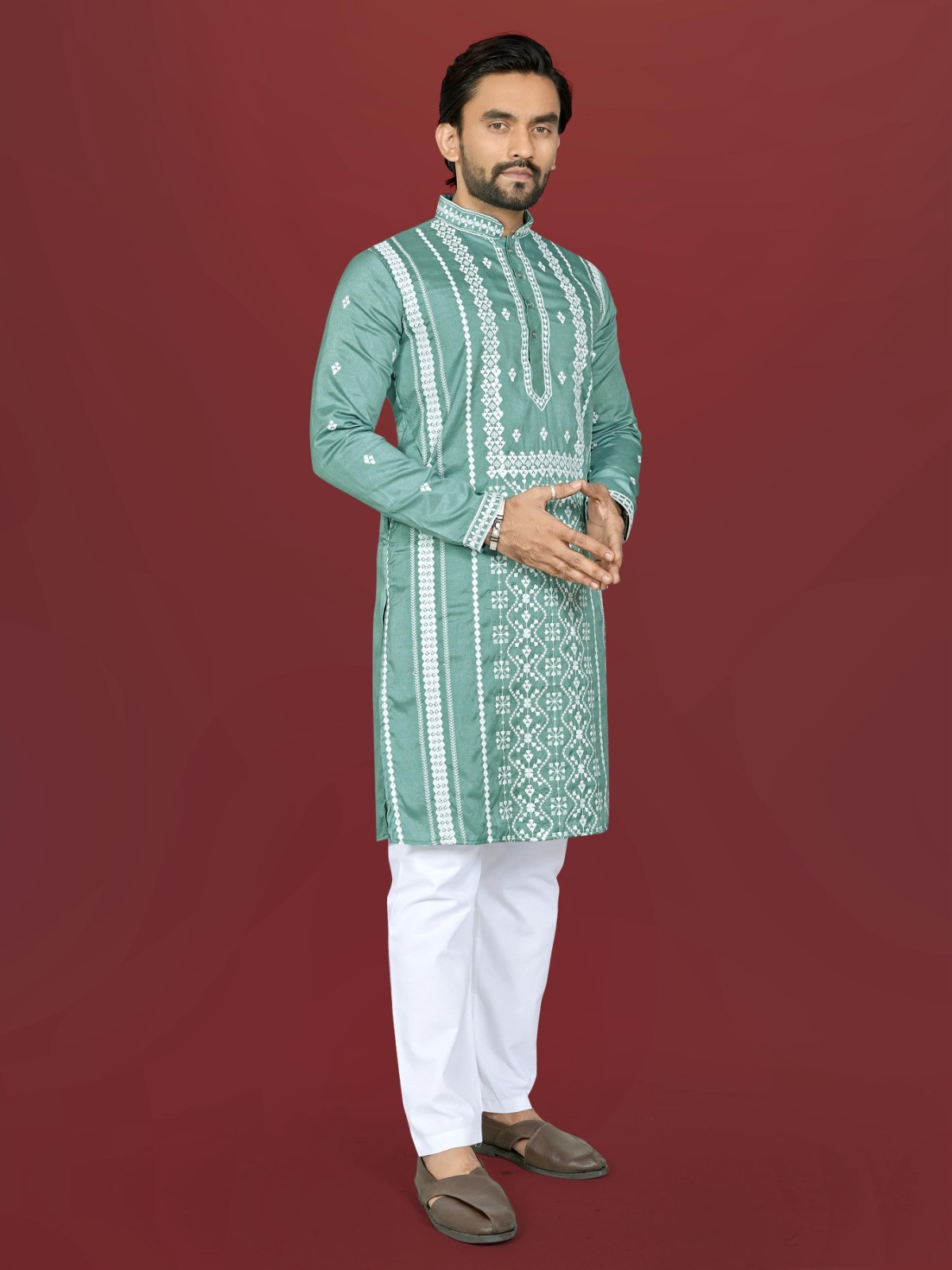 Mens mint-teal Green Outfit Kurta Soft Silk Raymond Cotton Traditional Wear