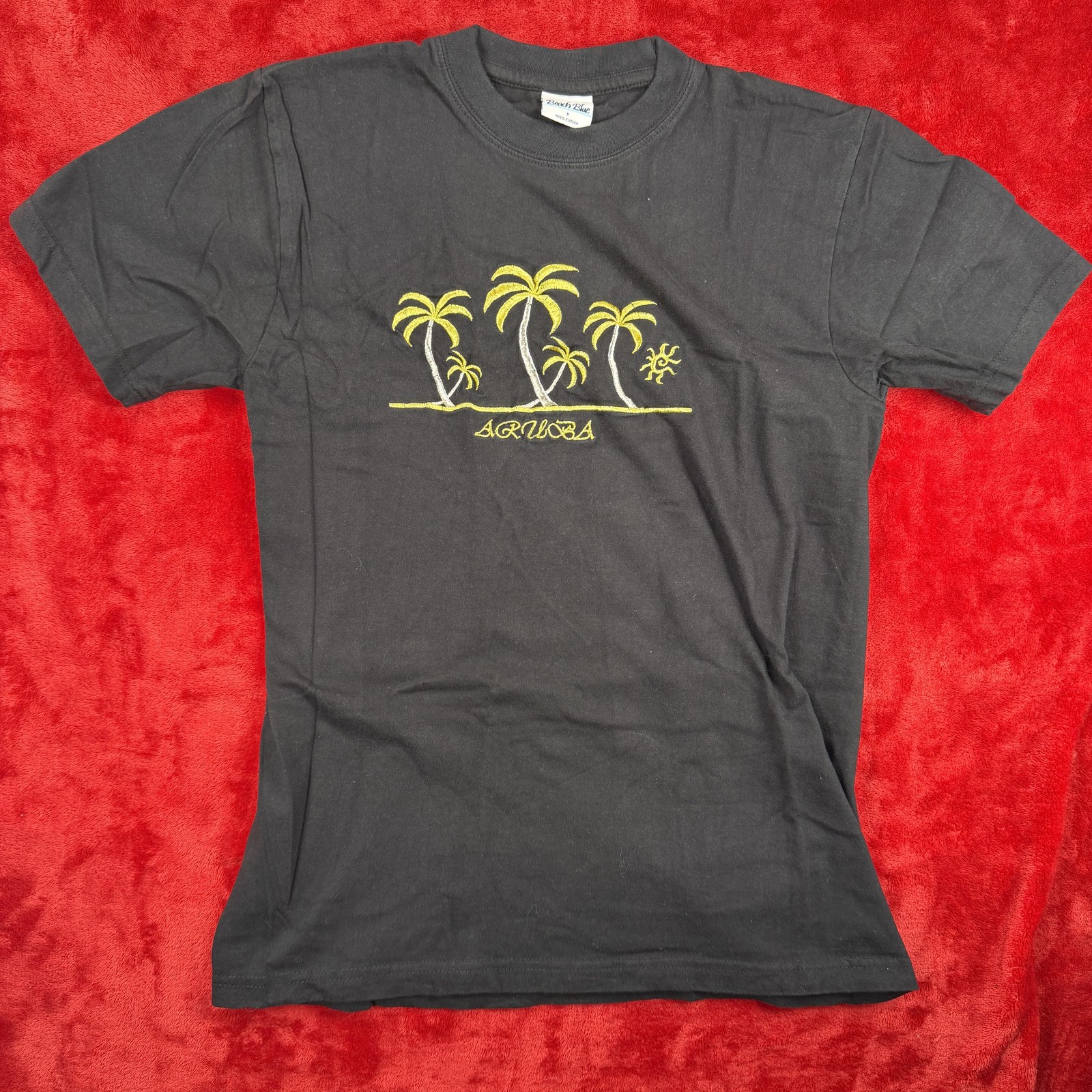 Beach Blue Aruba Embroidered Palm Trees T-Shirt Black Size S 100% Cotton Travel