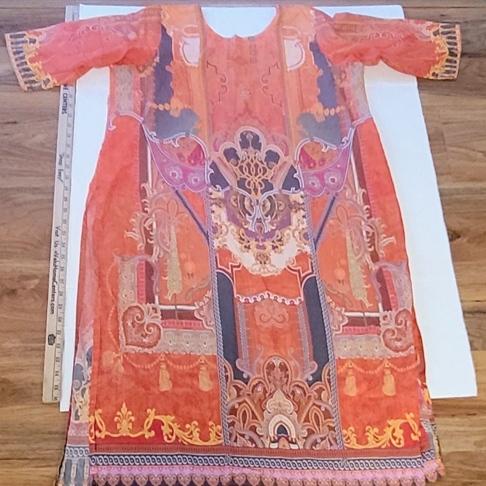 Orange Vibrant Digital Printed Lawn Kurti Tunic Women’s Large Ethnic Festival