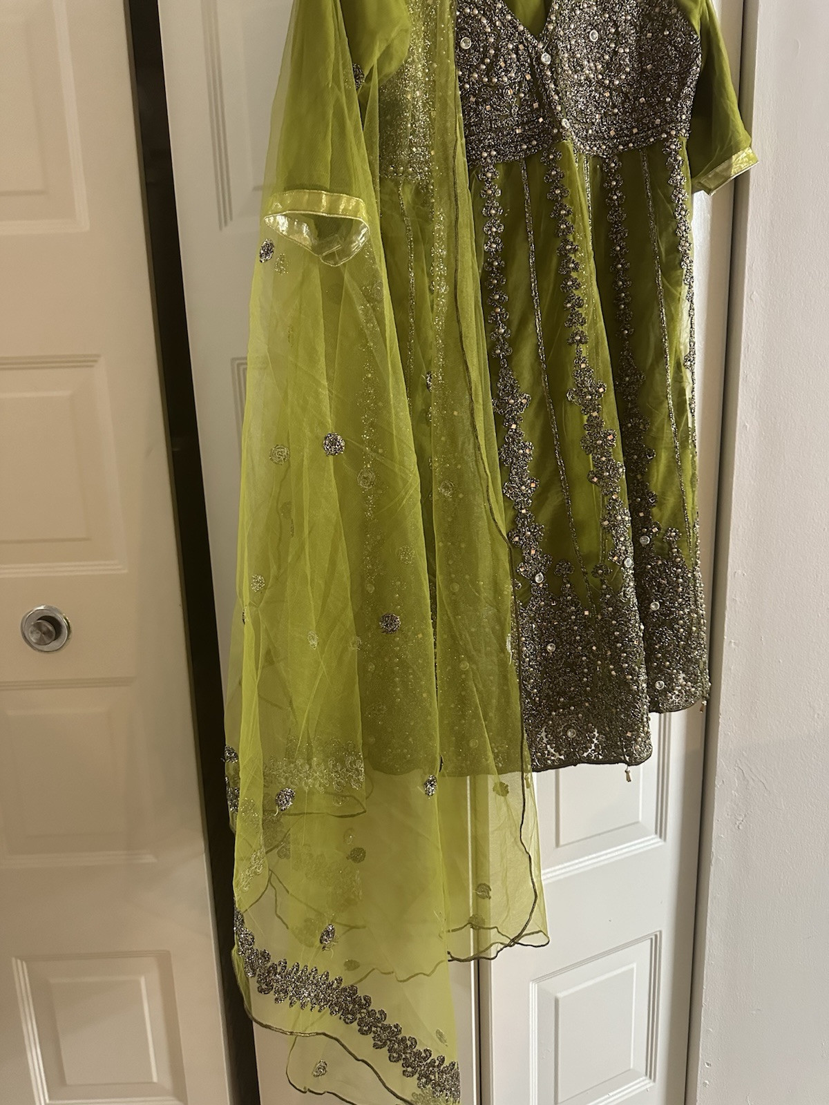 Green Heavy Embodied Work On Net A Line Frock Kameez Trouser Large