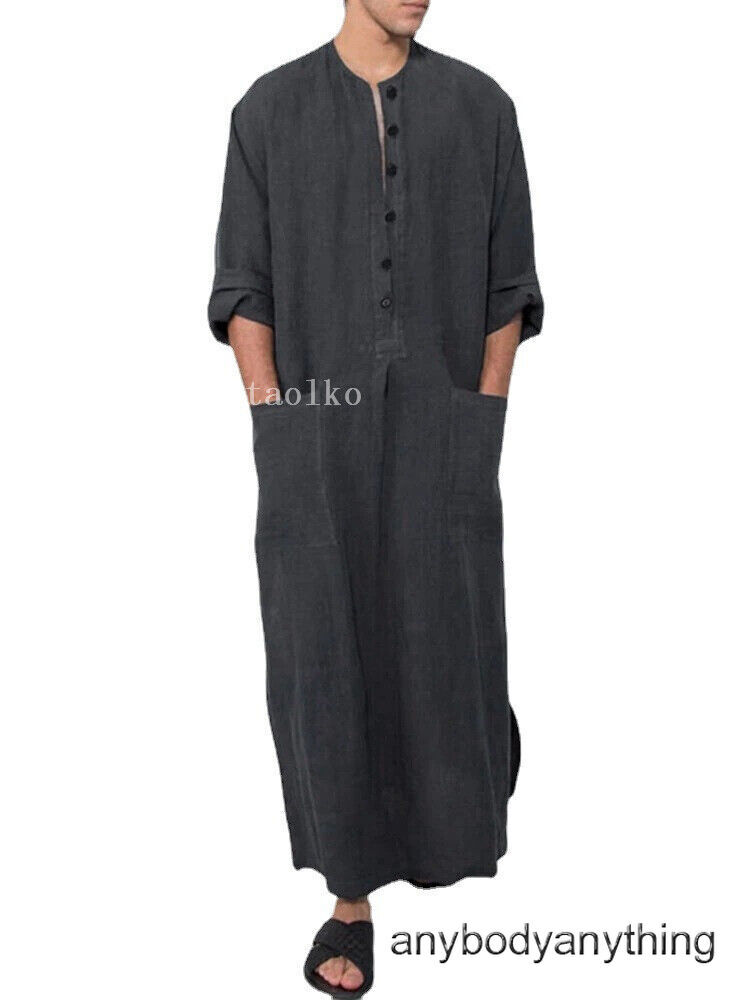 Mens Cotton Muslim Clothing Long Sleeve Islamic Saudi Arab Kaftan Robe Loose Fit