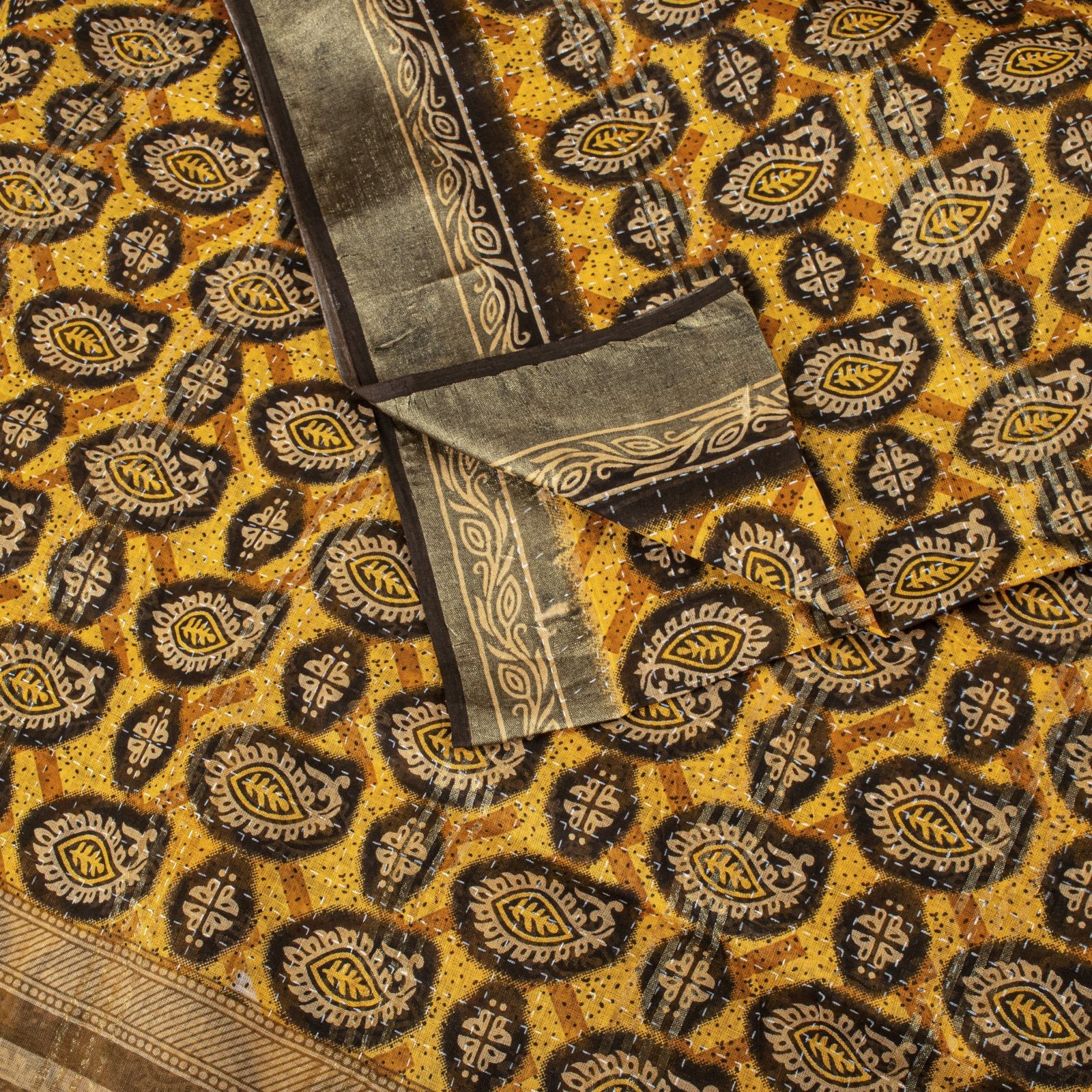 Sanskriti Vintage Saree Yellow Pure Cotton Paisley Kantha Print Sari 5+Yd Fabric