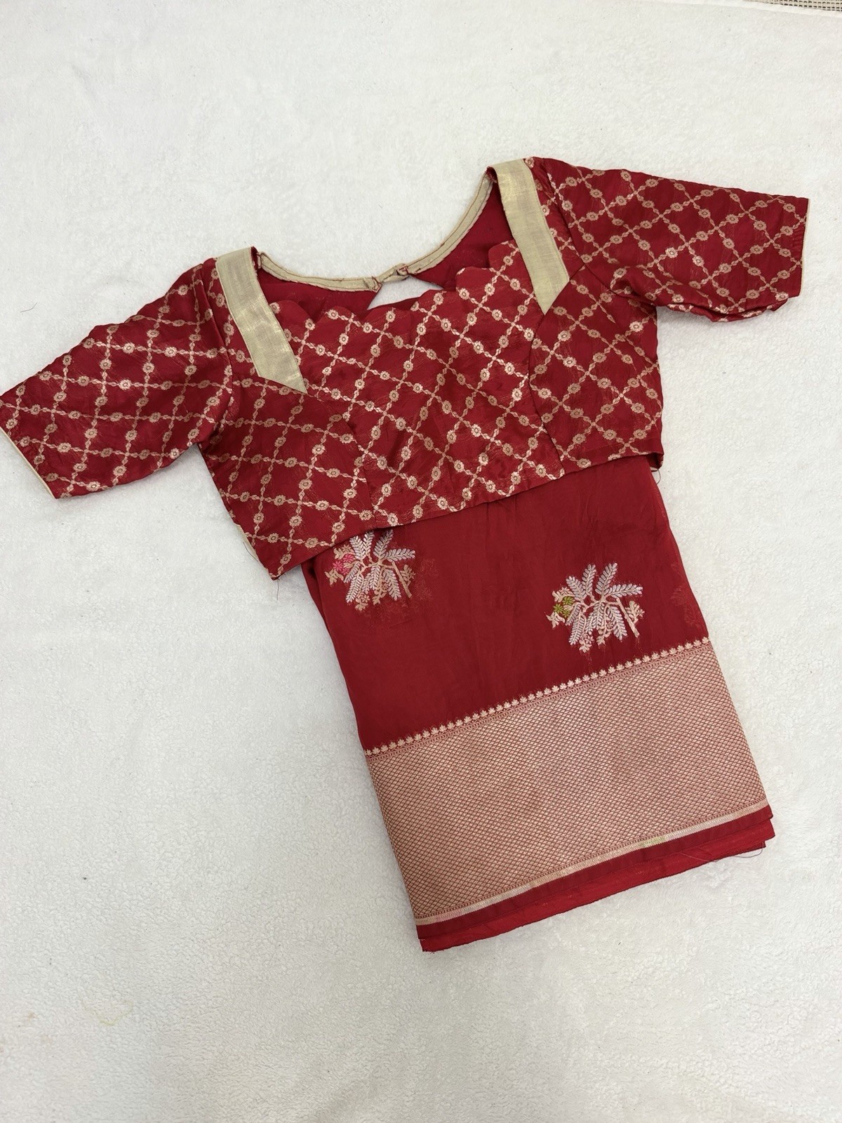 Red Gold Silk Blend Saree with Matching Blouse Floral Geometric Unstitched