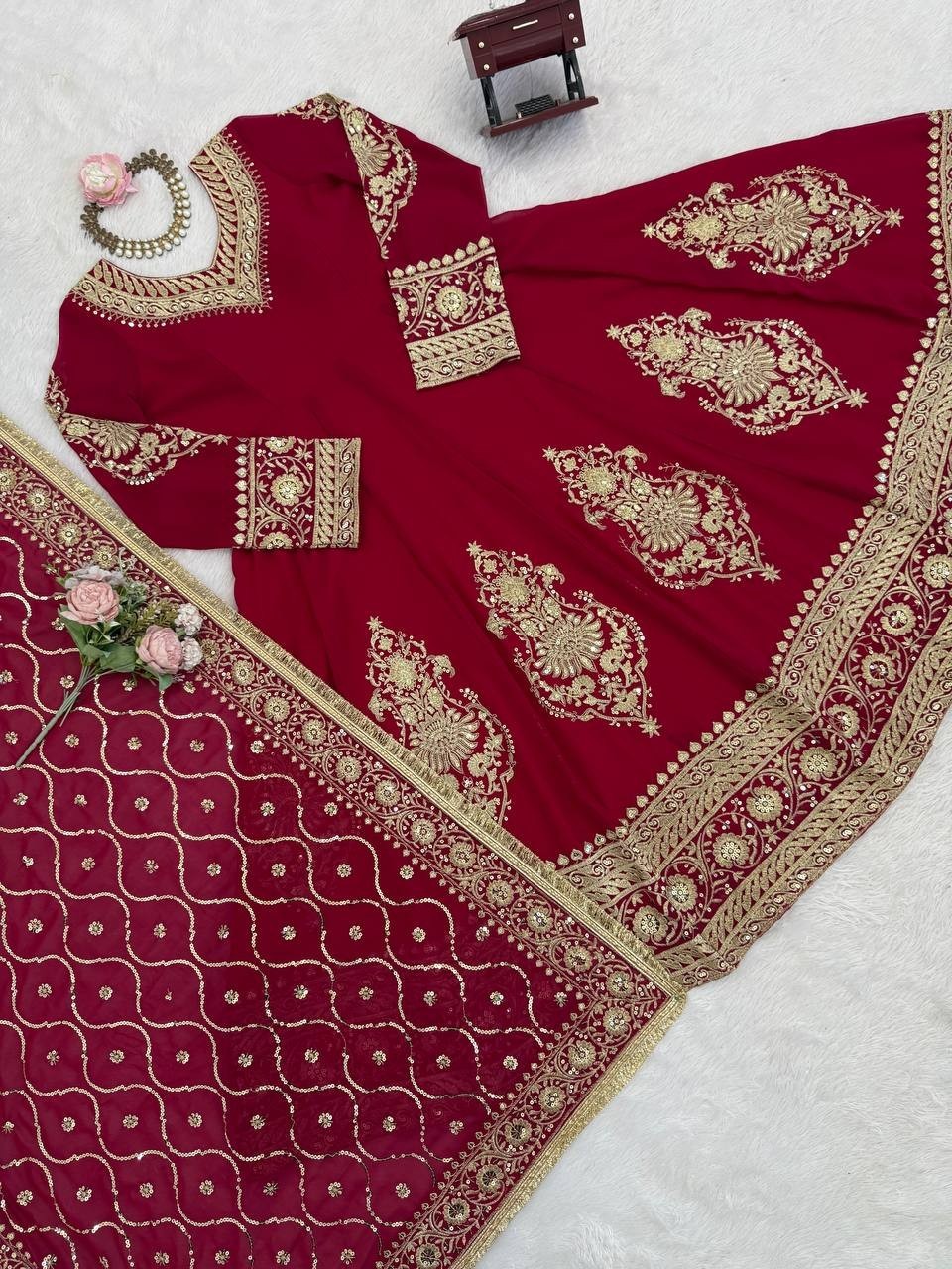 Presenting Faux Georgette Maroon Gown Bottom With Dupatta For Festival Wear