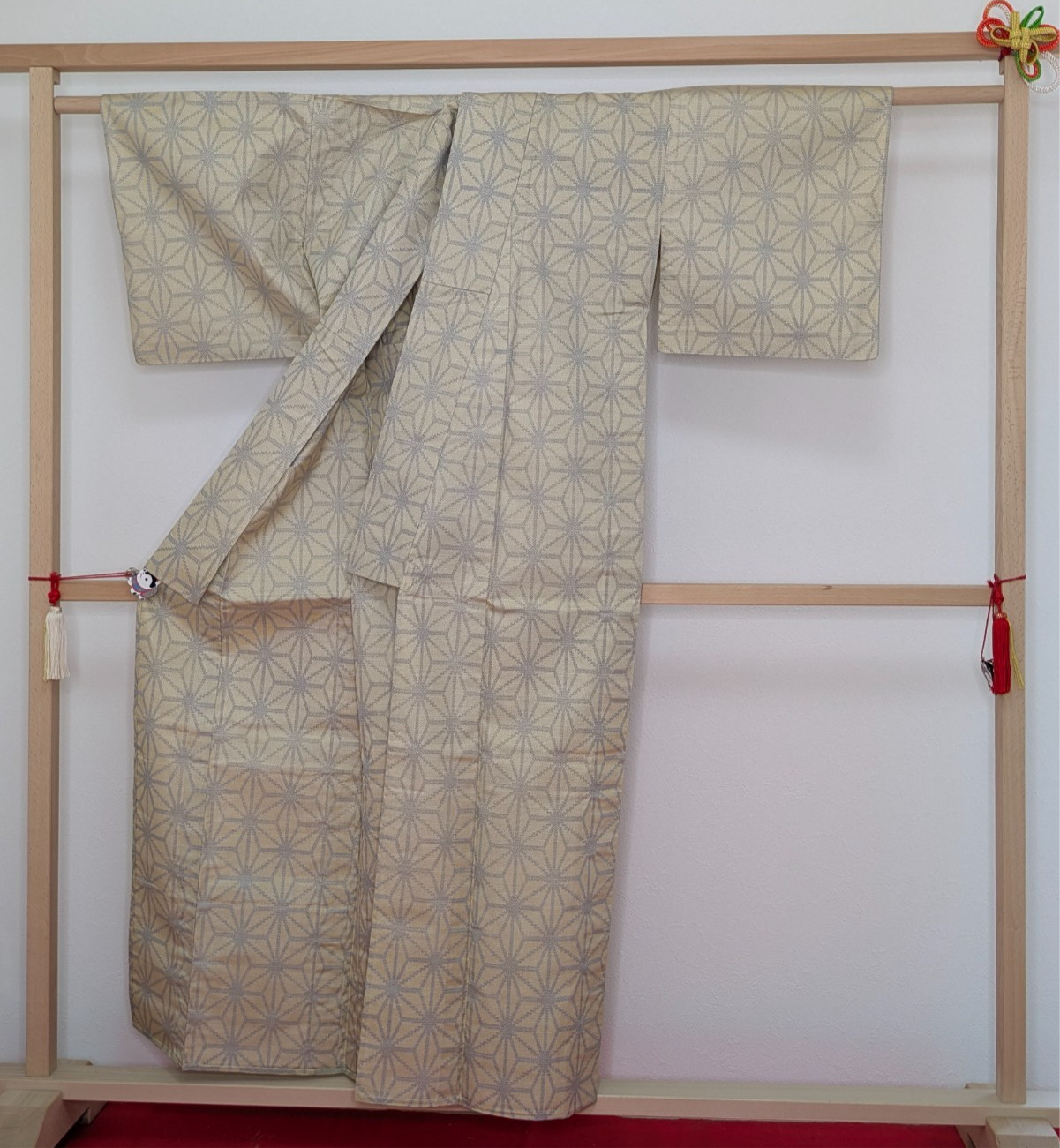 Vintage Japanese Kimono Silk Hitoe Beige Asanoha Kasuri Ikat Pattern Textile Art