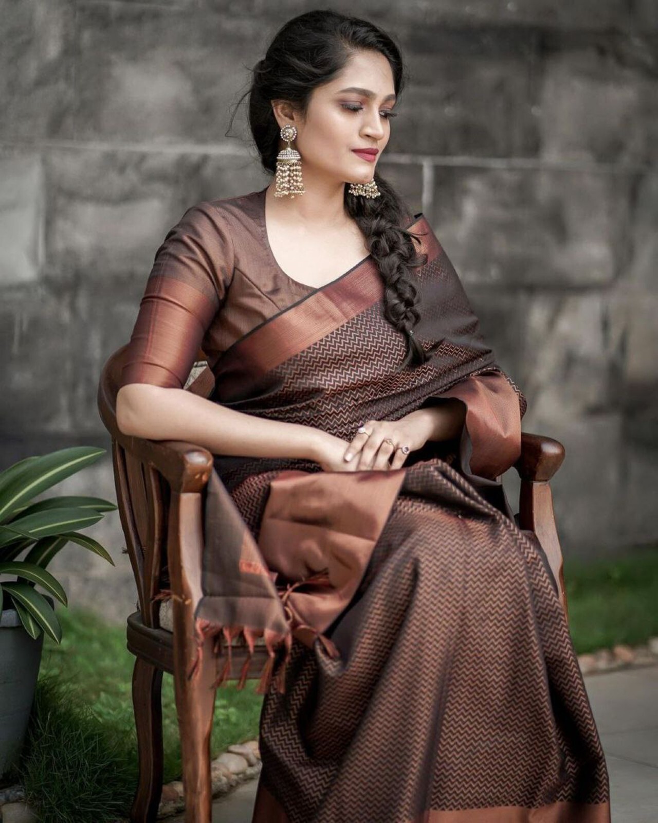 Areca Designer Copper Zigzag Brown Silk saree blouses women Saree Cut 5.5 Meter
