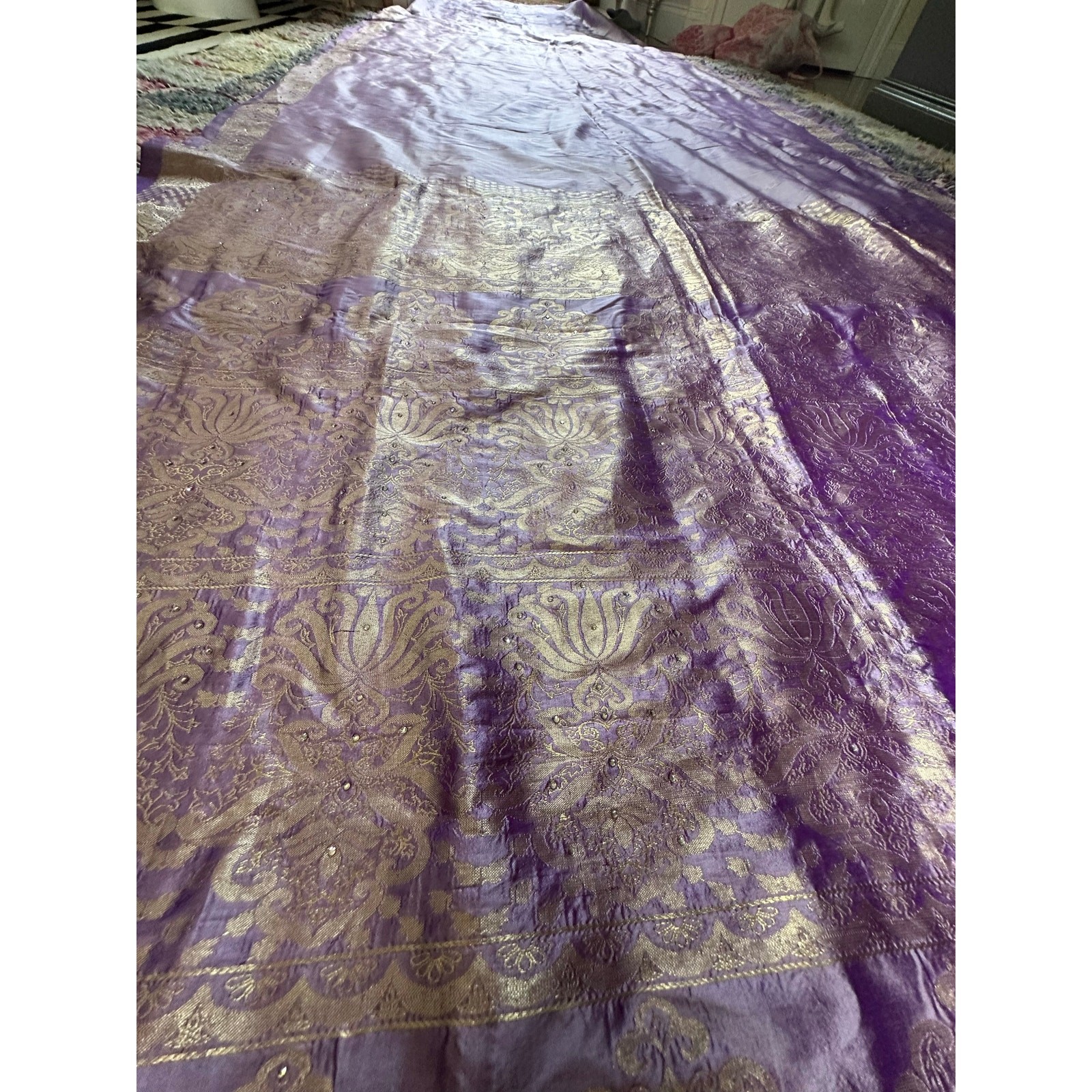 Silk saree lavender gold Paisley brocade 204×46” sari stunning luxurious