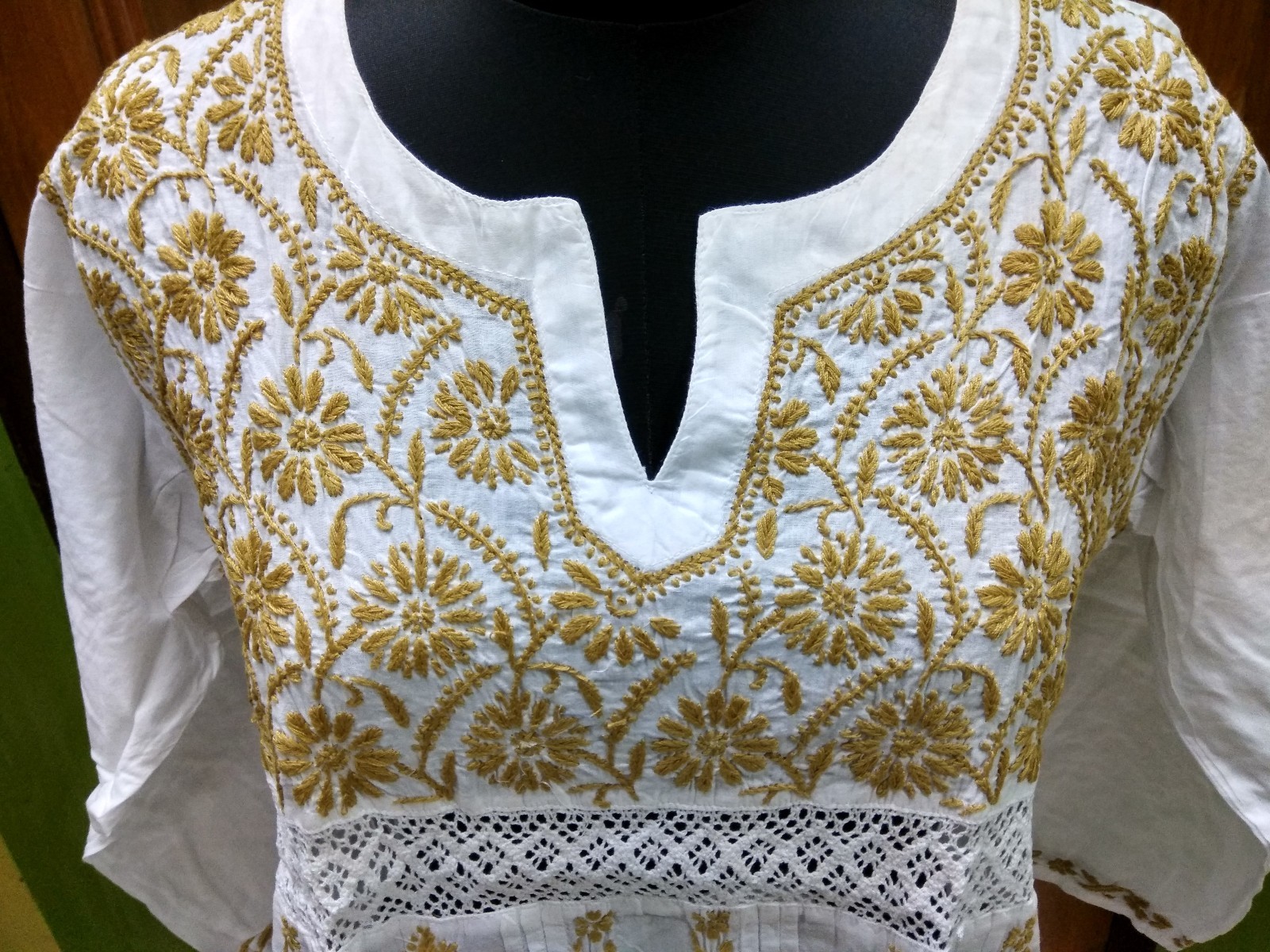 HANDMADE KURTI BLOUSE L 42″ TUNIC TOP KURTA ETHNIC 100% COTTON CHIKAN EMBROIDERY