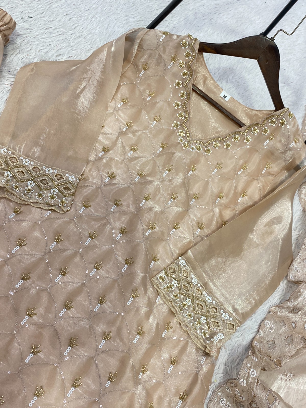 Women’s Beige Embroidered Kurta Palazzo Dupatta Set Designer Indian Ethnic Wear