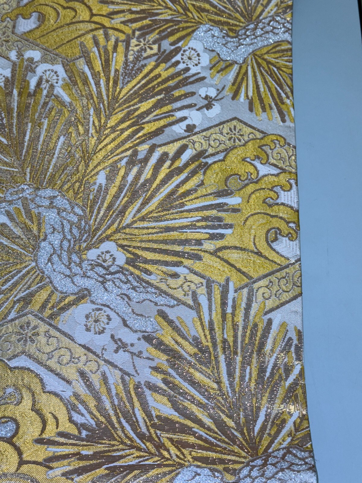 Japanese Vintage Kimono Maru Obi silk Gold Embroidery Reversible 153.5×11.8in