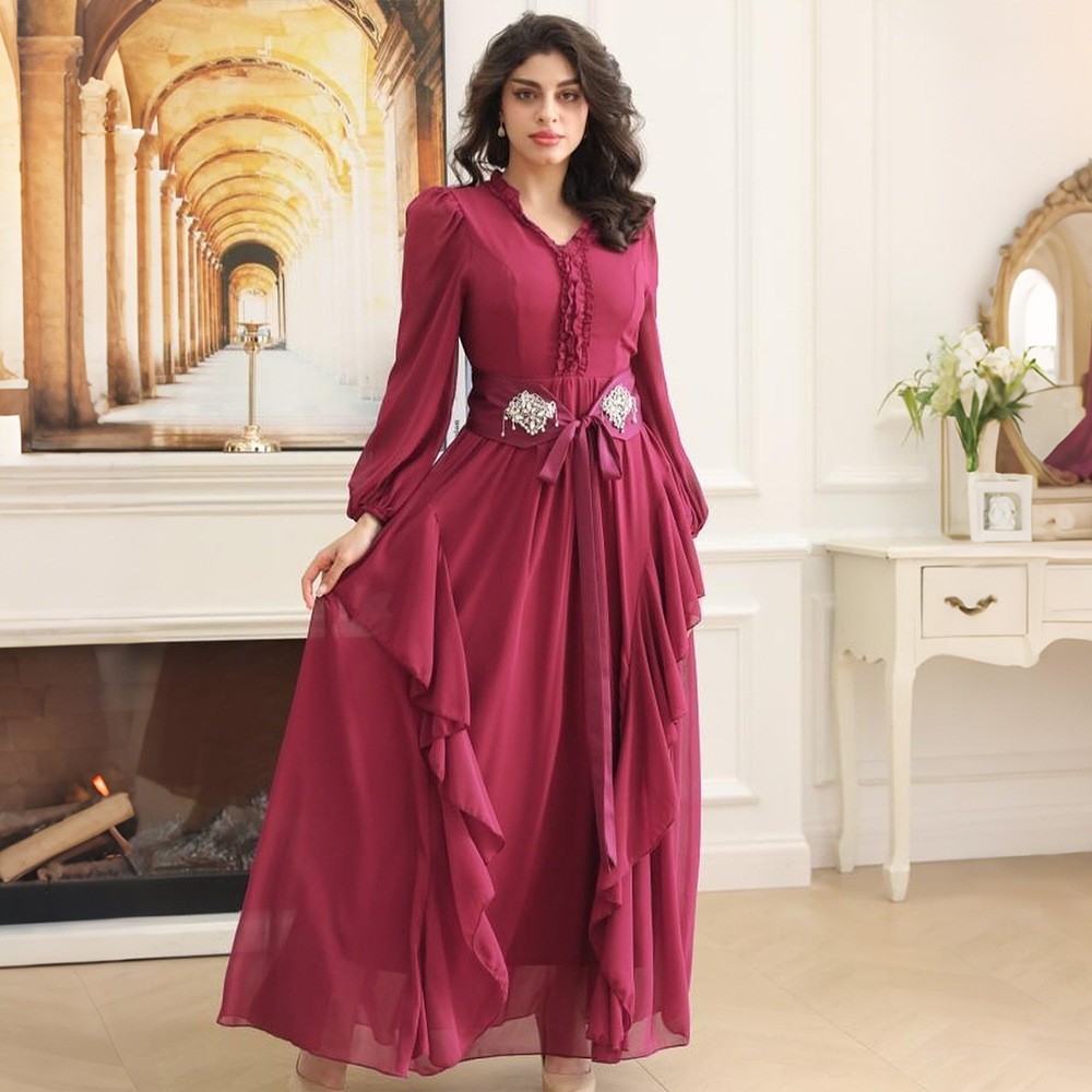 Muslim Women Dress Fashion Elegant Ruffle Long Sleeves Abaya Caftan Party Gowns