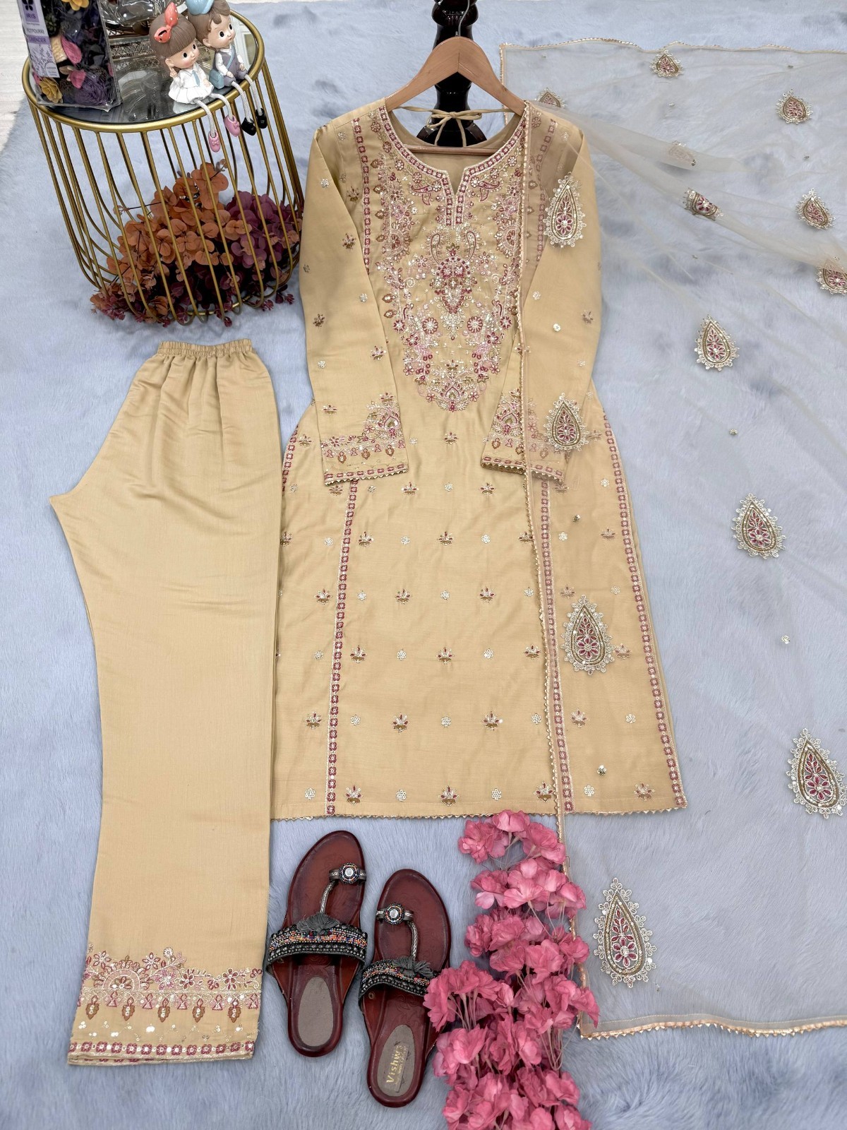 Fashionable Pure Roman Silk Cream Salwar Kameez With Dupatta For Party Wear