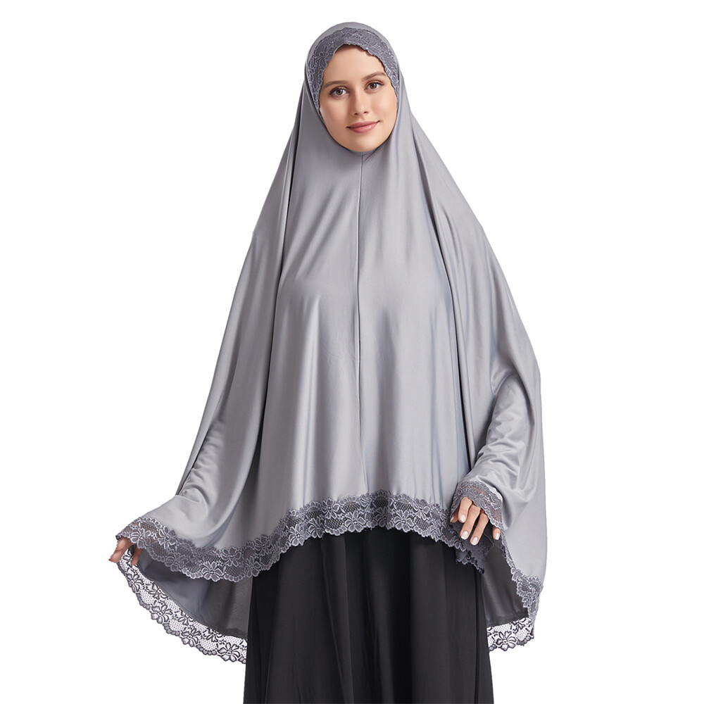 Muslim Women Ramadan Scarf Hijab Islam Prayer Turban Amair Lace Trim Headcover