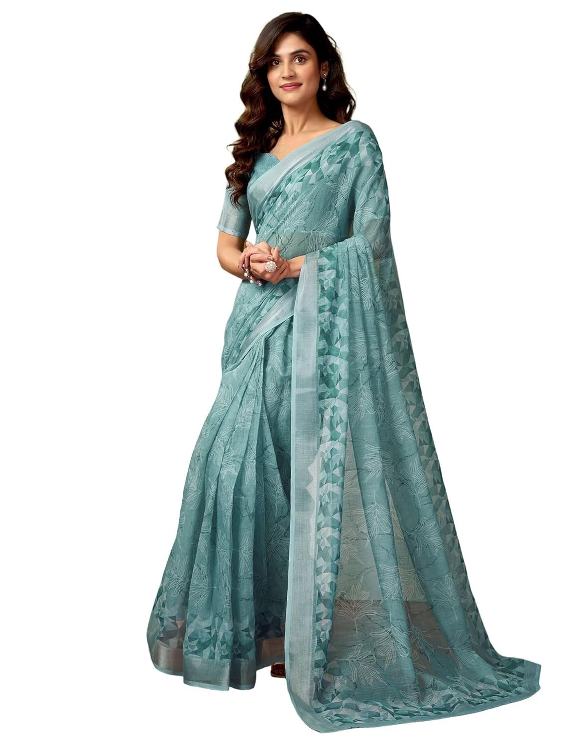 Women’s Cotton Linen Printed 1 Minute Ready to Wear Saree With Blouse Piece