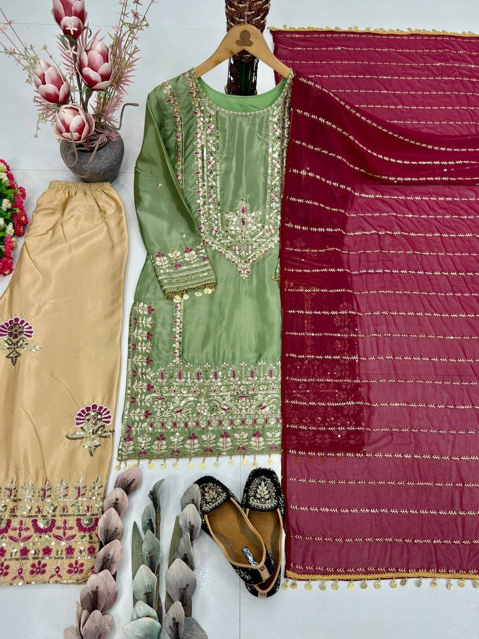 New Designer Silk Kurta Palazzo With Faux Georgette Dupatta For Women