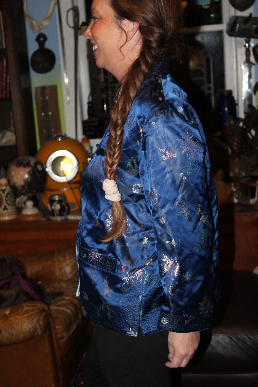 Vintage Chinese Jacket Blue Peonies Satin Floral Jacquard Reversible Med
