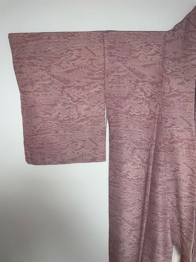Japanese Kimono Edo Komon Pure Silk Pink Landscape Scenic Vintage Excellent XS