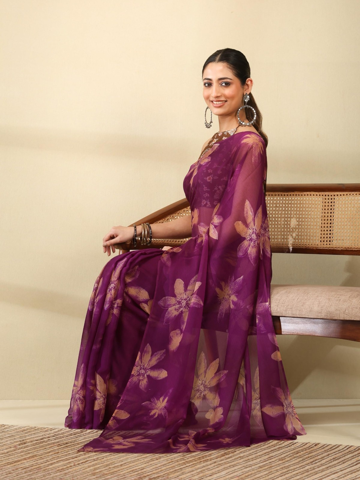 Women’s Floral Print Chiffon Saree Indian Bollywood Designer Festive Party Wear