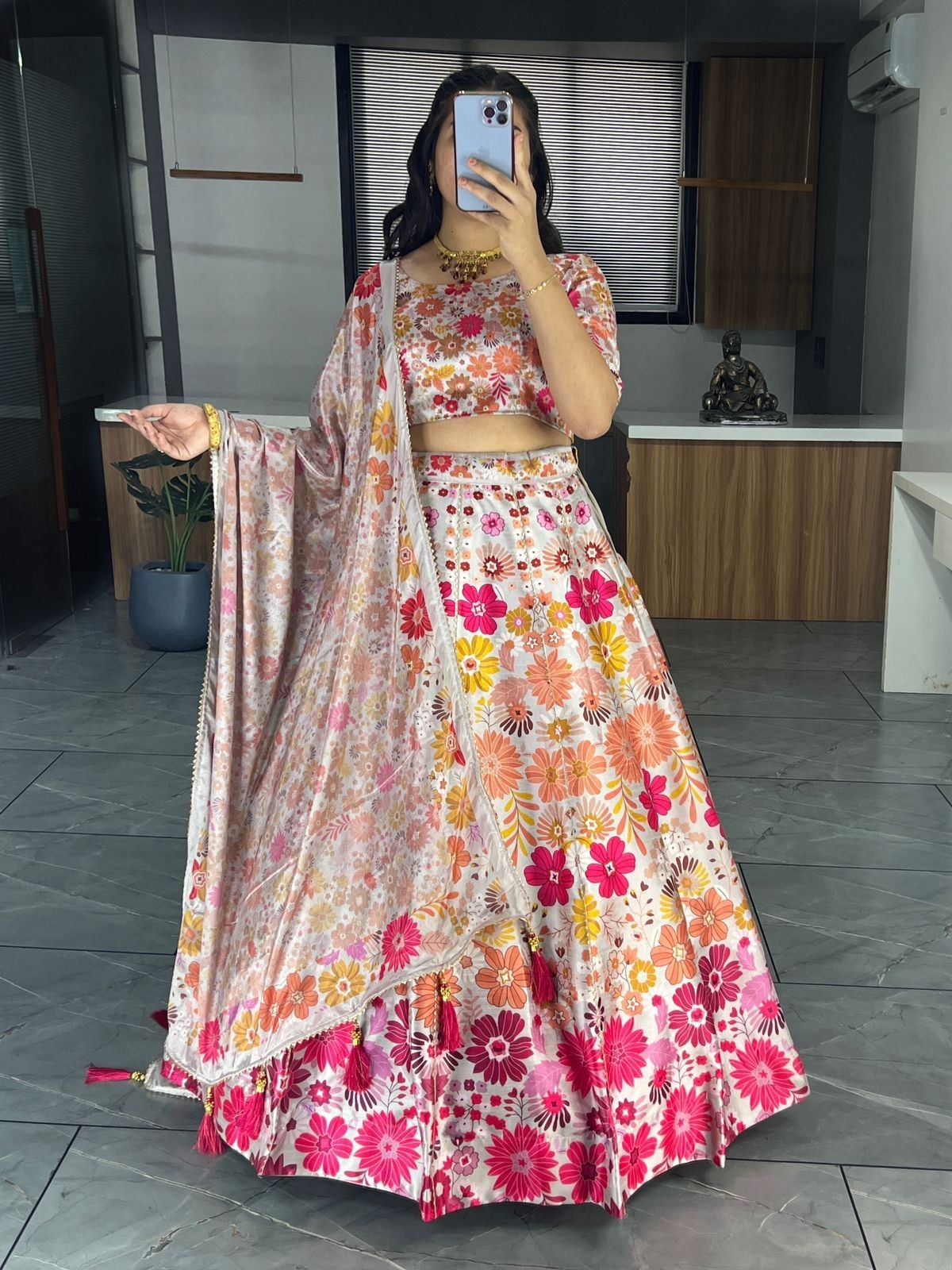 Women Off White Lehenga Choli Art Silk Printed Gota Patti Party Wear