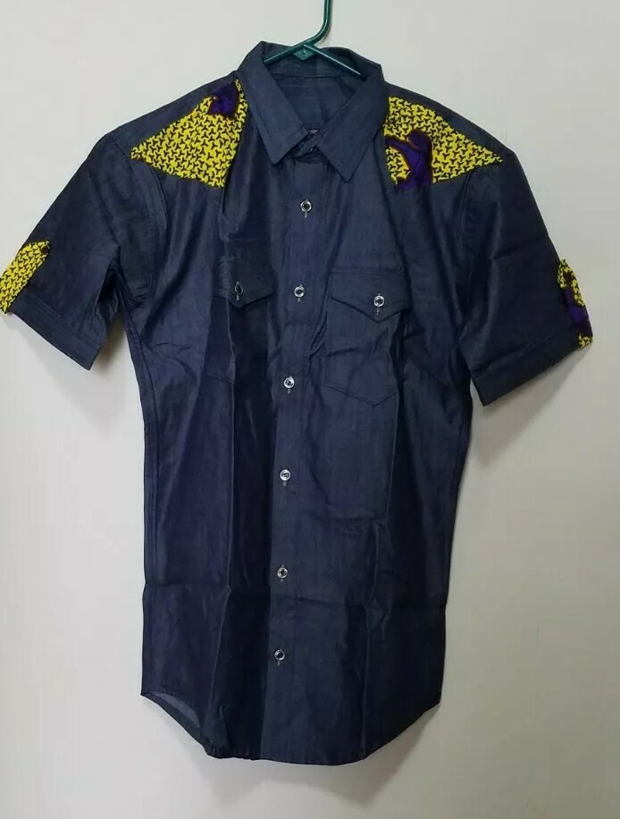 Men’s Ankara On Jean Shirt African Dashiki Blue Multi Color Armpit-size: 19.5″