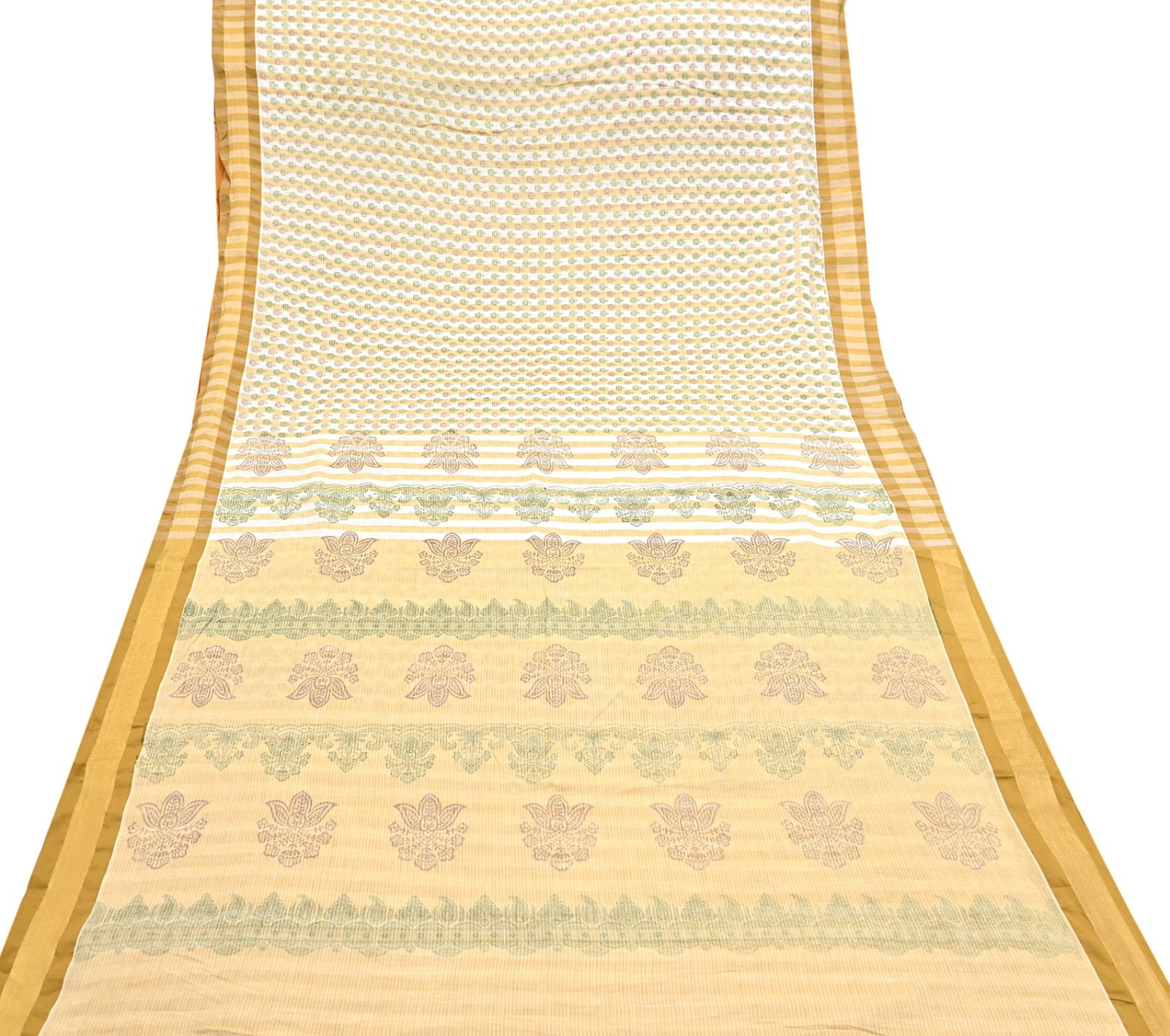 Indian Vintage Sari White & Beige Printed Pure Cotton Sarees Craft Fabric 5YD