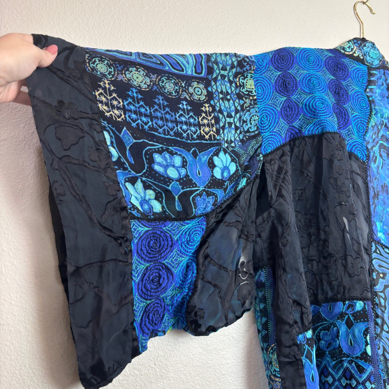 Chico’s Kimono Jacket Womens M/L Blue Patchwork Silk Blend Coastal Chic Boho Art