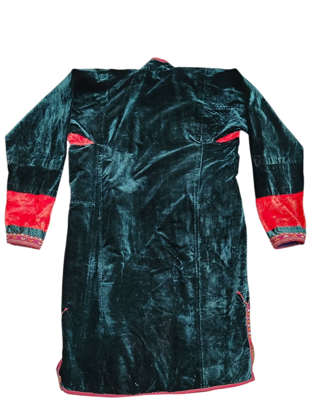 Vintage Turkmen Velvet Green Red Embroidered Chapan, Kaftan Robe (M/L ?)