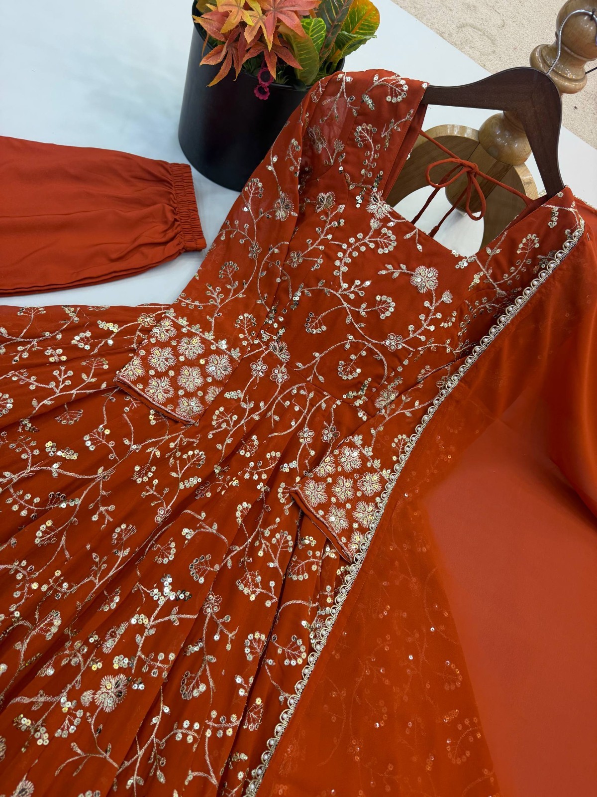 Designer Faux Georgette Orange Gown Bottom With Dupatta For Indian Party Wear