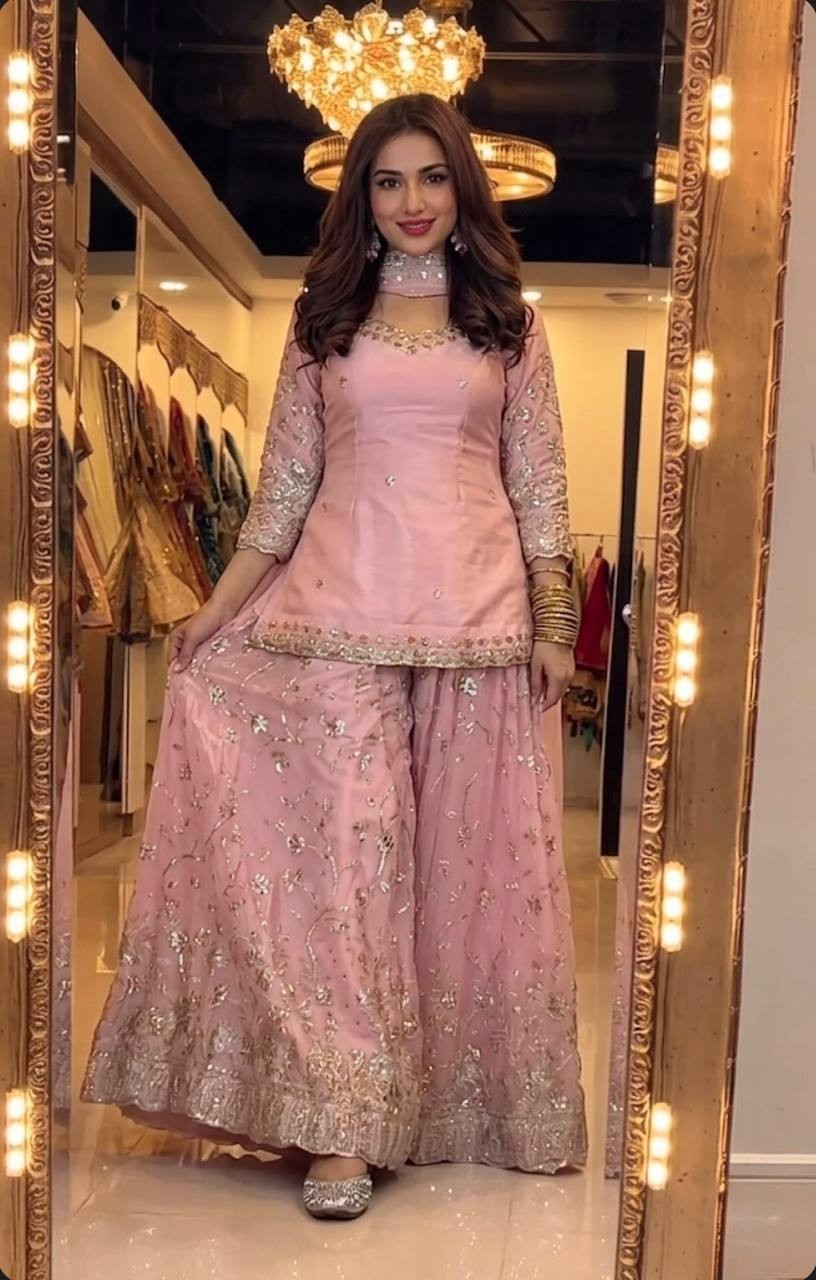 New Launching Silk Light Pink Kurta Palazzo With Dupatta For Reception Wear