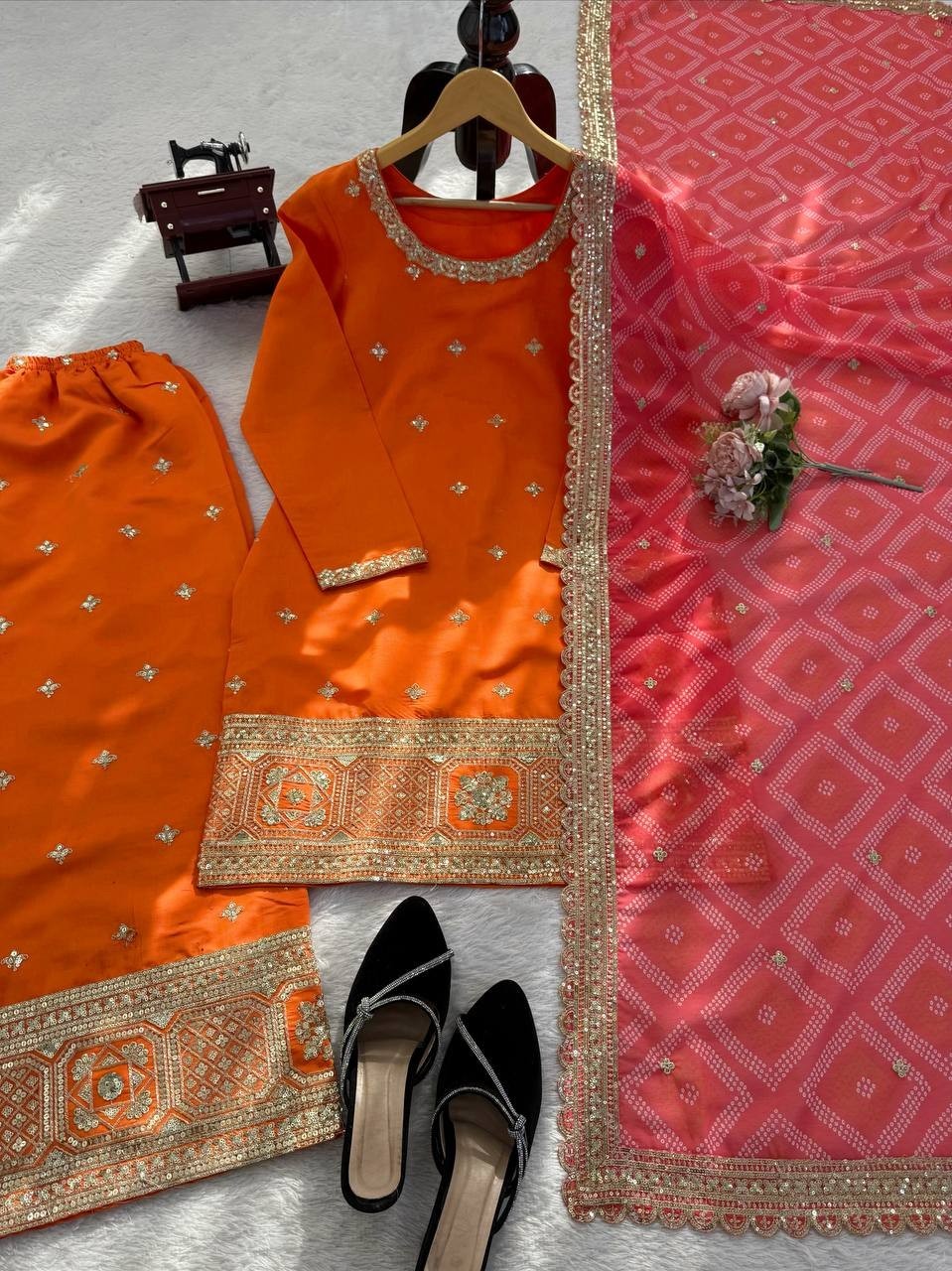 Latest Chinon Silk Orange Palazzo Suit With Dupatta For Indian Ethnic Wear