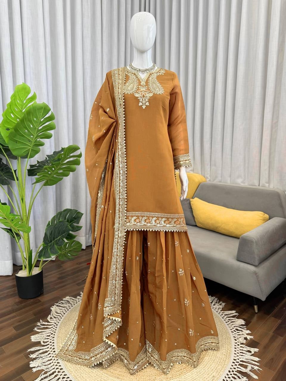 New Launch Mul Chanderi Mustard Yellow Kurta Palazzo With Dupatta For Functional