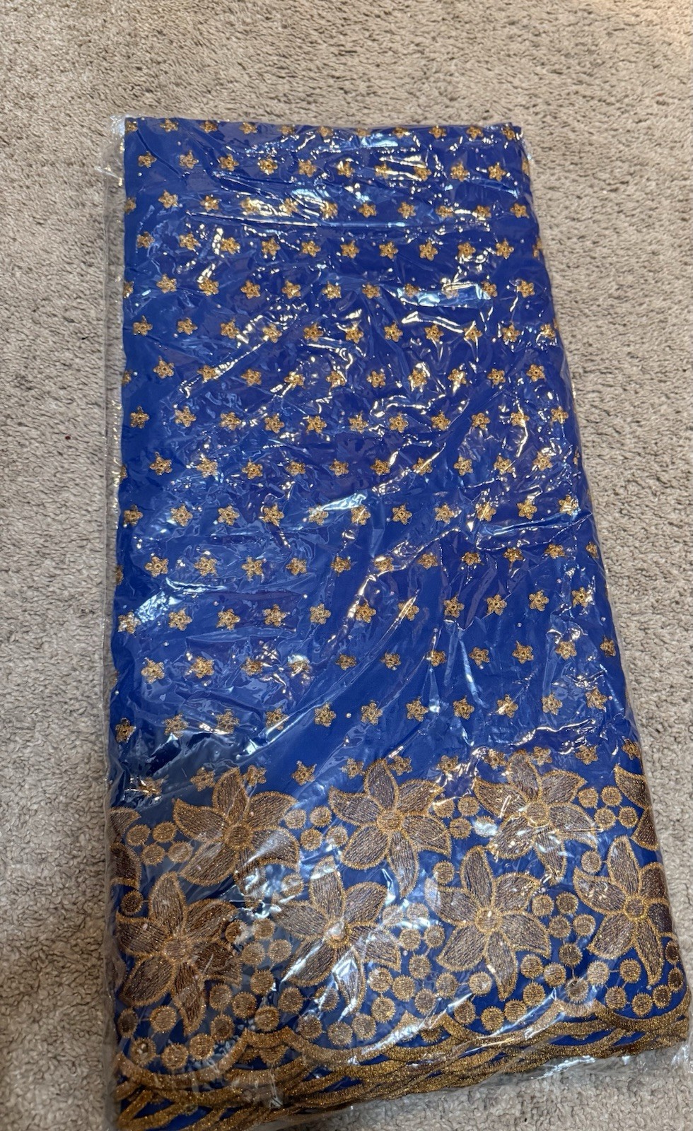 Royal Blue Embroidered Lace Fabric with Gold Design 5 Yards Lace Material