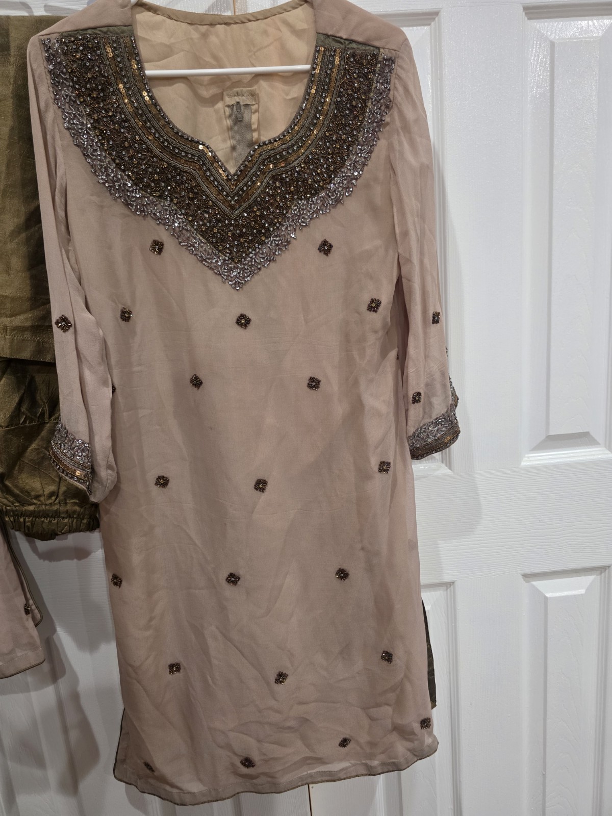 Embroidered Salwar Kameez Suit Silk Shalwar Kameez Dupatta Khaki M 19.5″ Chest