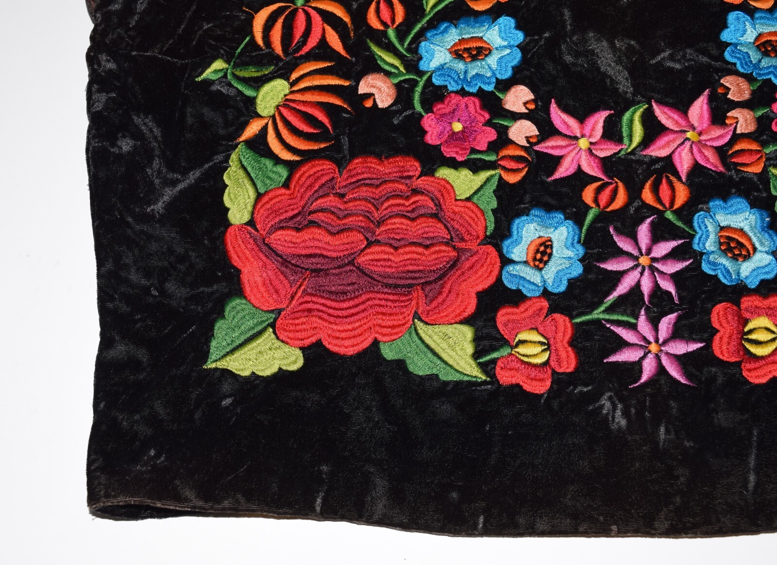 Black Velvet Mexican Folk Blouse Shirt Heavily Embroidered Multicolored Flowers