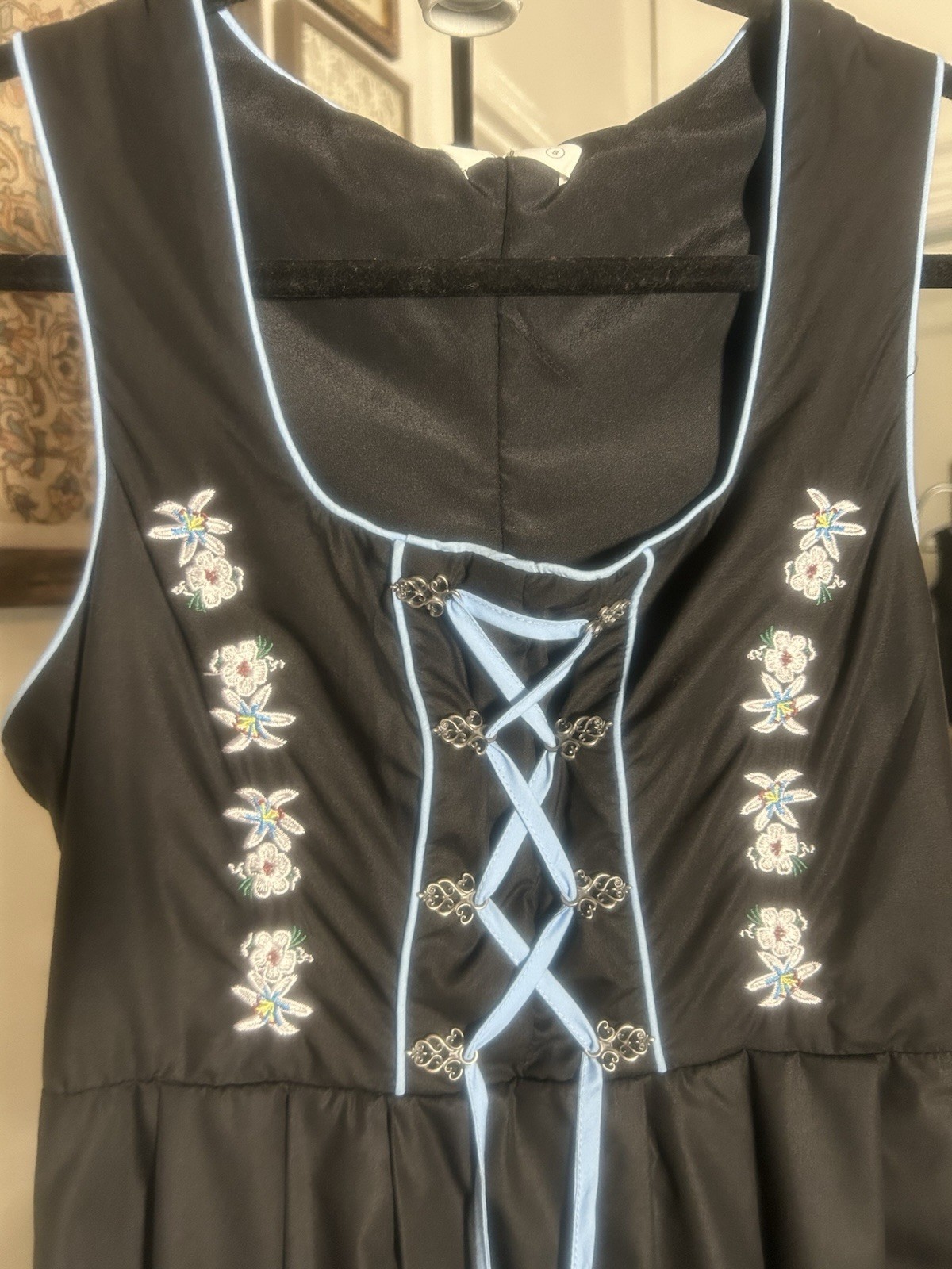 Jasambac Black Dirndl Dress Blue Embroidery Lace-Up Front Size S, New w Tags