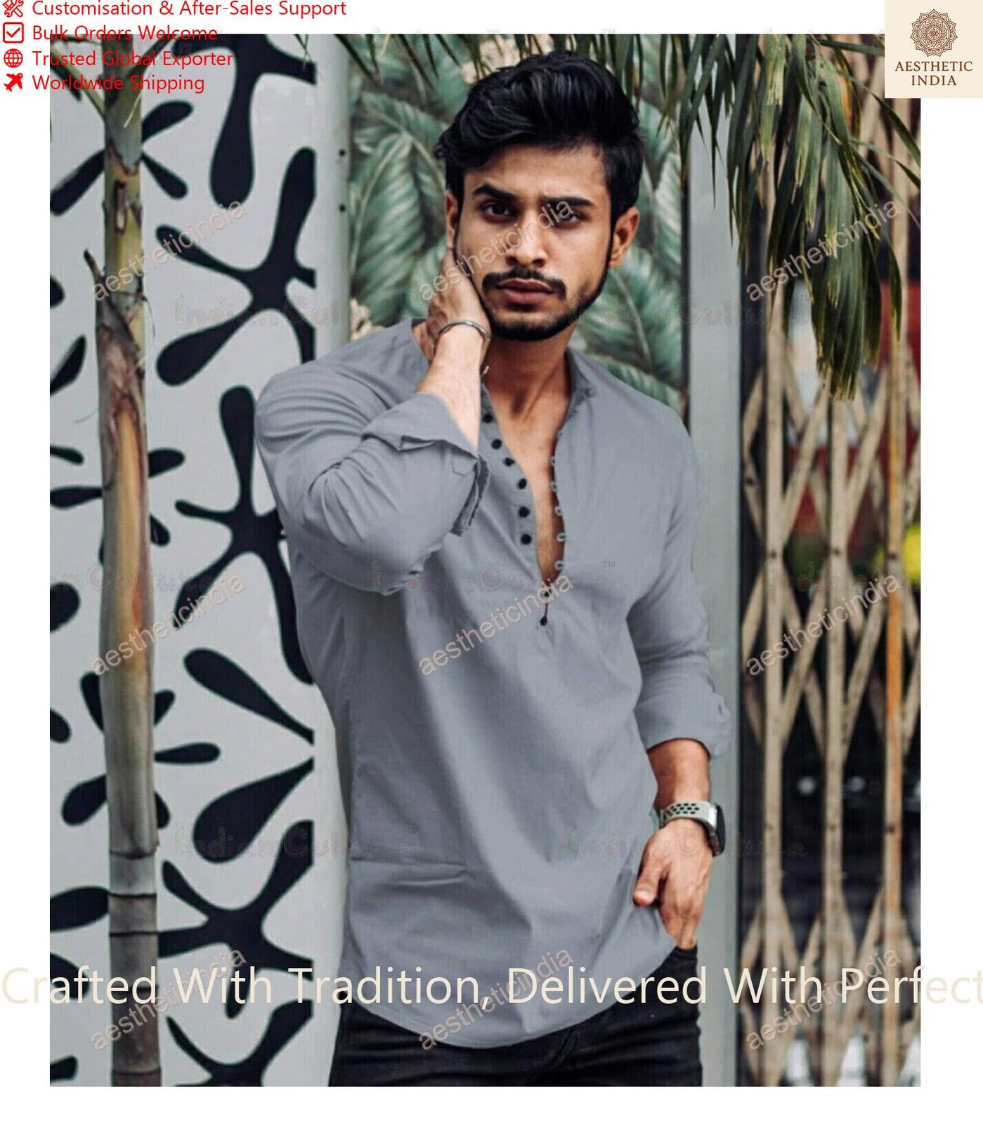 Mens Kurta Traditional Mens Cotton Color Gray Kurta Festival Dress Kurta Shirt