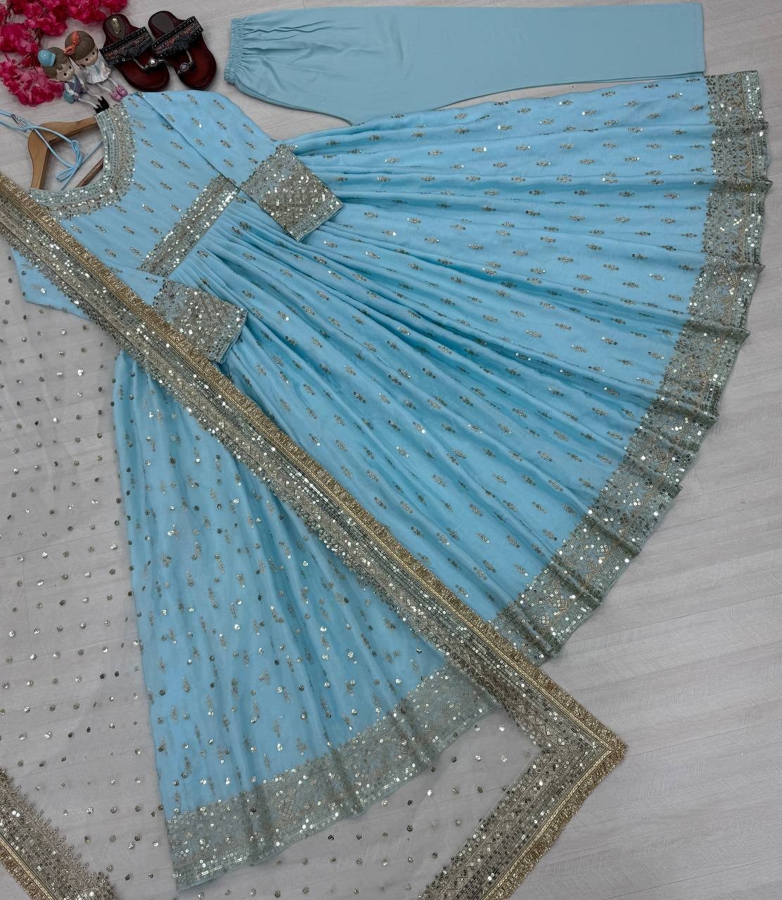 New Party Wear Sky Blue Chinon Silk Salwar Kameez With Dupatta For Women