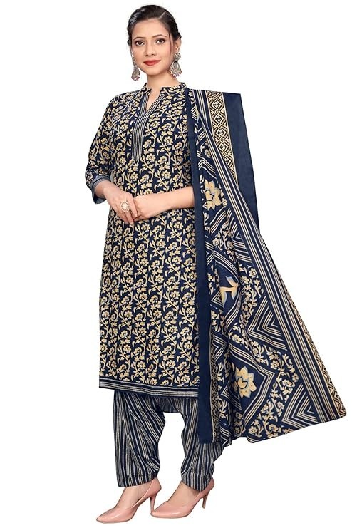 Navy Blue Cotton Blend Printed Ready to Wear Patiala Salwar Suit