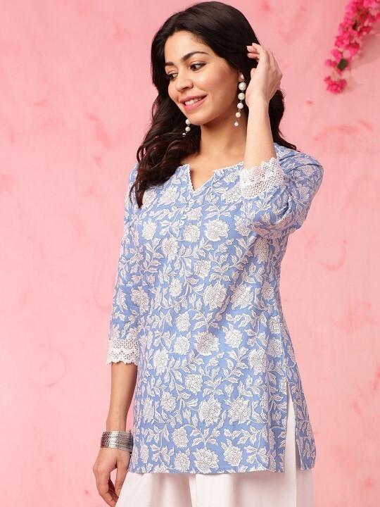 Blue Floral Printed Straight Pure Cotton Women Short Kurti